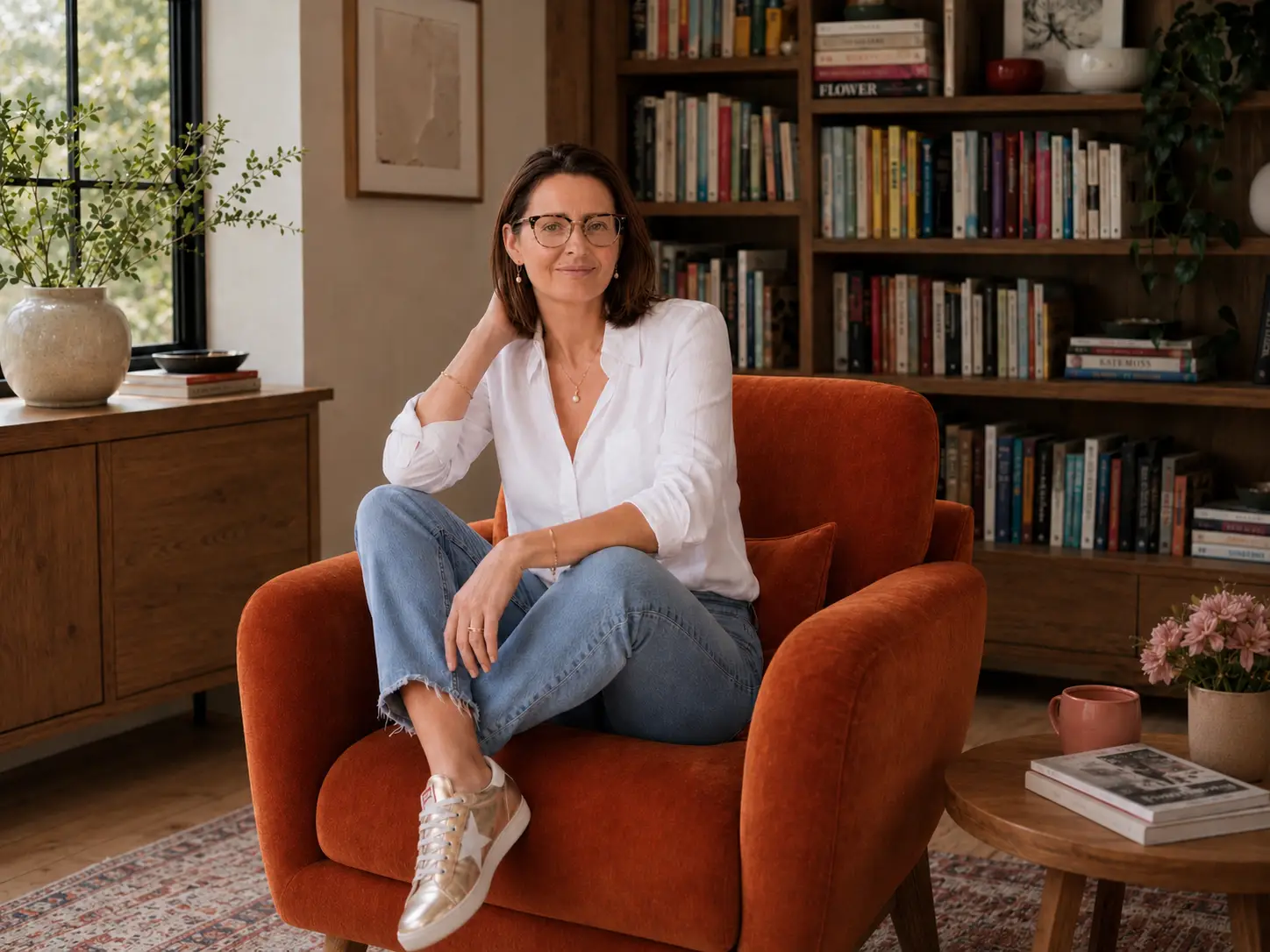 Kita Tabachka seated in her rust armchair, in front of bookshelves in her home office.