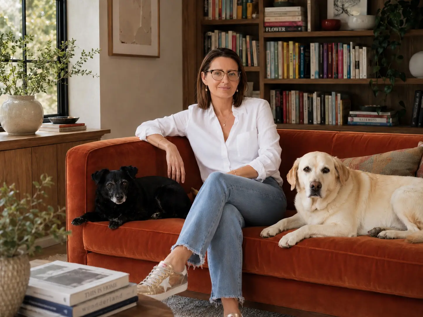 Kita Tabachka with her two dogs, Zara and Linda, on the rust sofa in her therapy room.