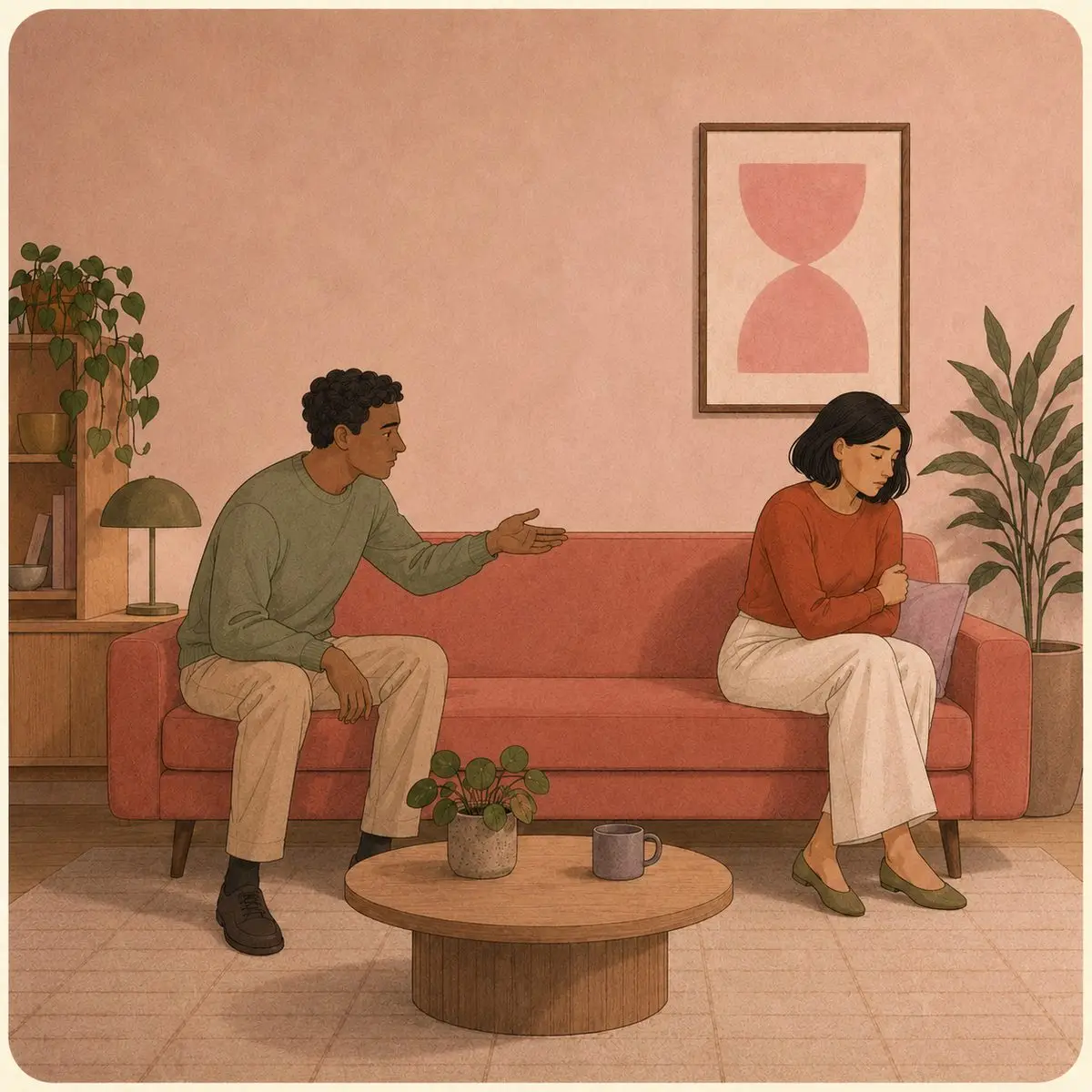 Illustration of a couple on a sofa with a visible gap between them, one reaching across, the other turned away