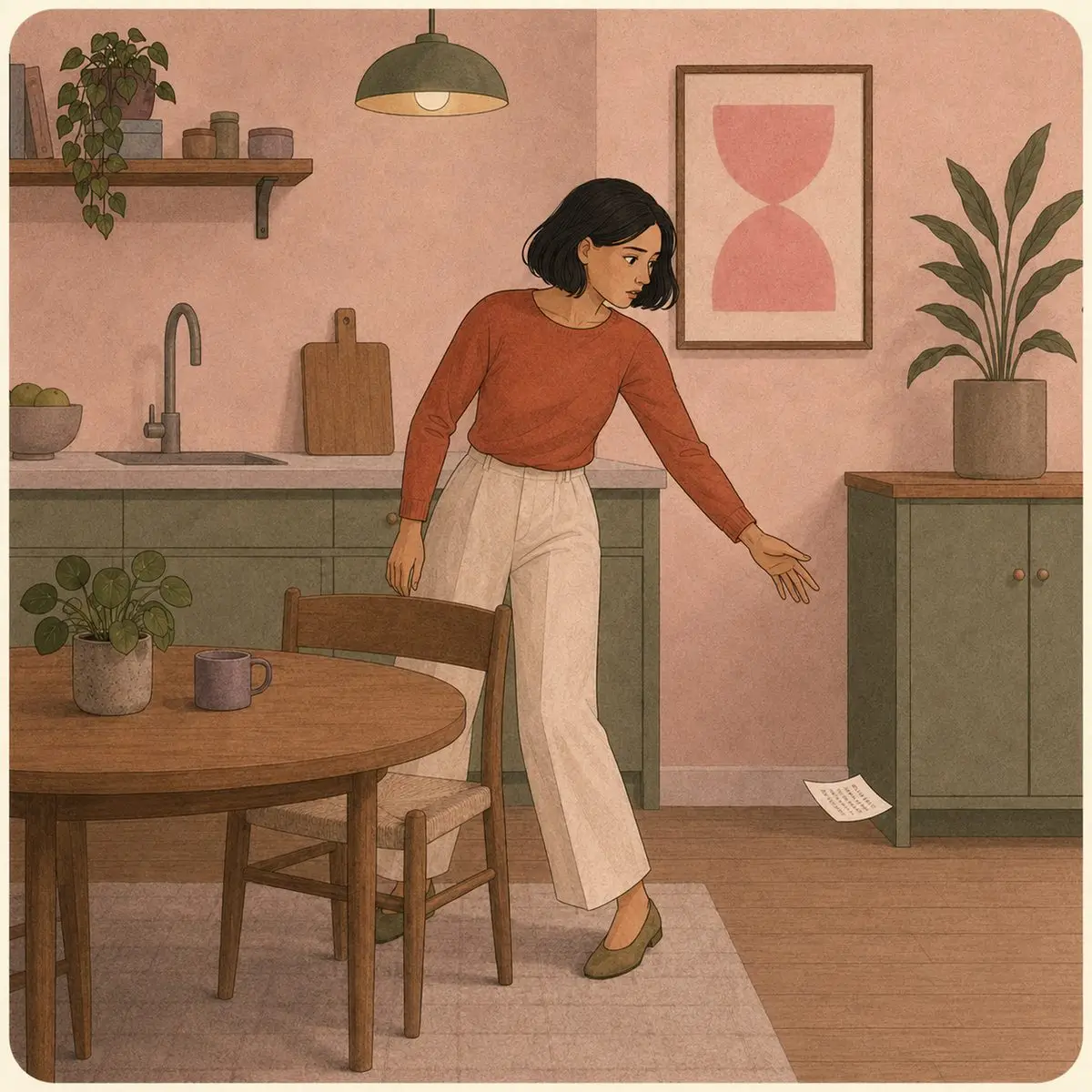 Illustration of a woman sitting very still, hand to her temple, surrounded by a swirl of sticky notes and fragmented thoughts, her partner standing nearby looking puzzled