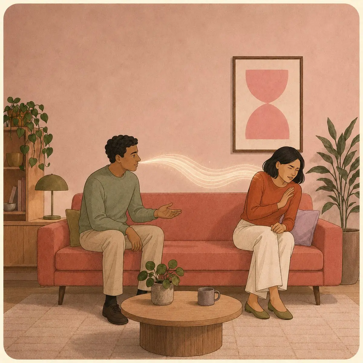 Illustration of a man speaking gently, his words shown as a ripple of light reaching the woman, who flinches as if struck with a hand to her chest