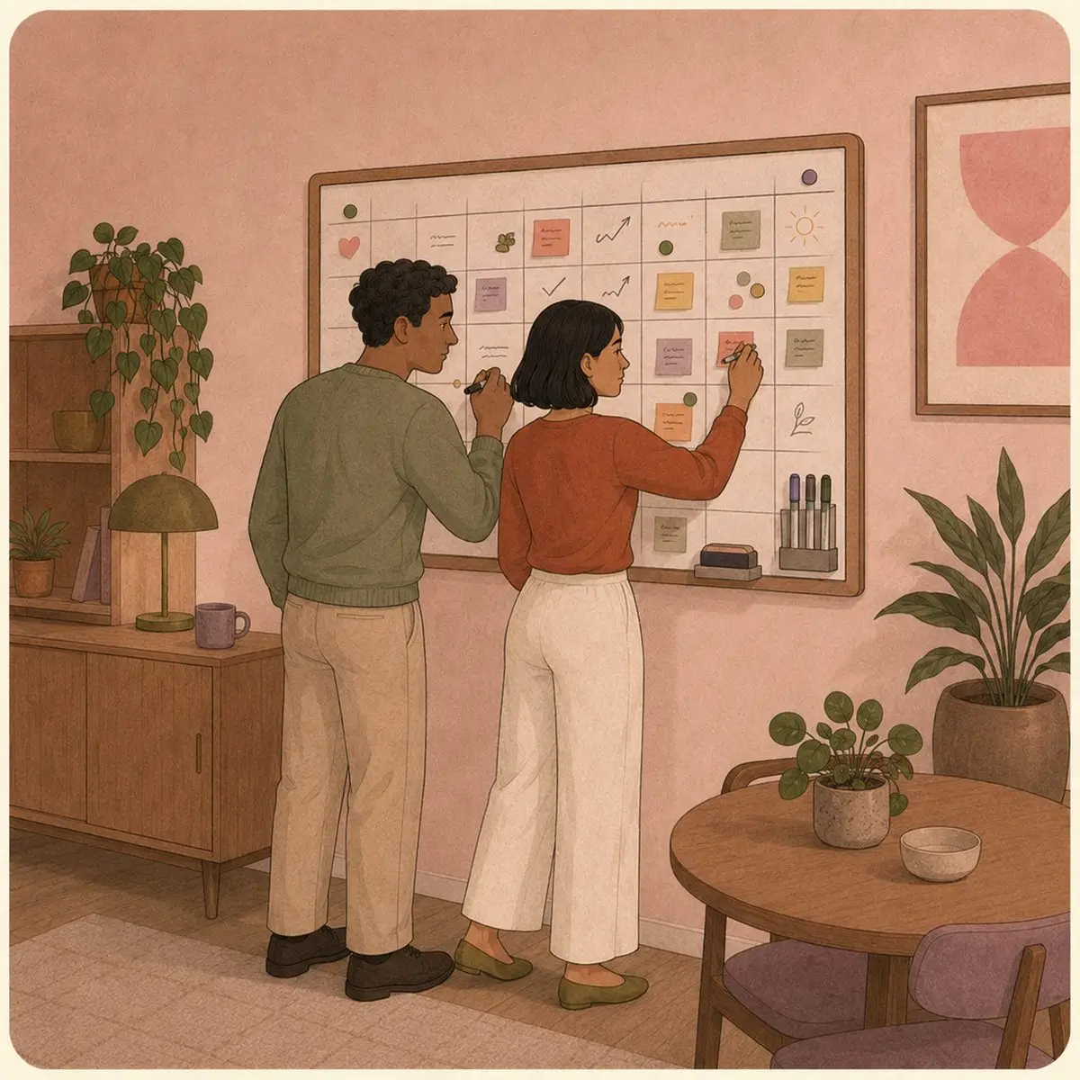 Illustration of the couple standing side by side at a large wall calendar covered in colourful notes, both adding to it together