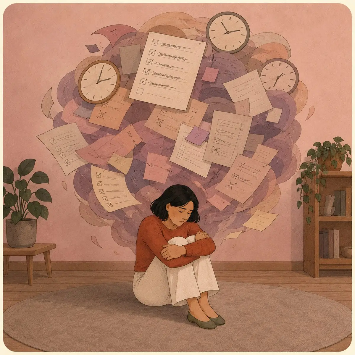 Illustration of a woman sitting small on the floor with knees drawn up, beneath a looming soft cloud of unfinished lists, crossed-off tasks and clocks