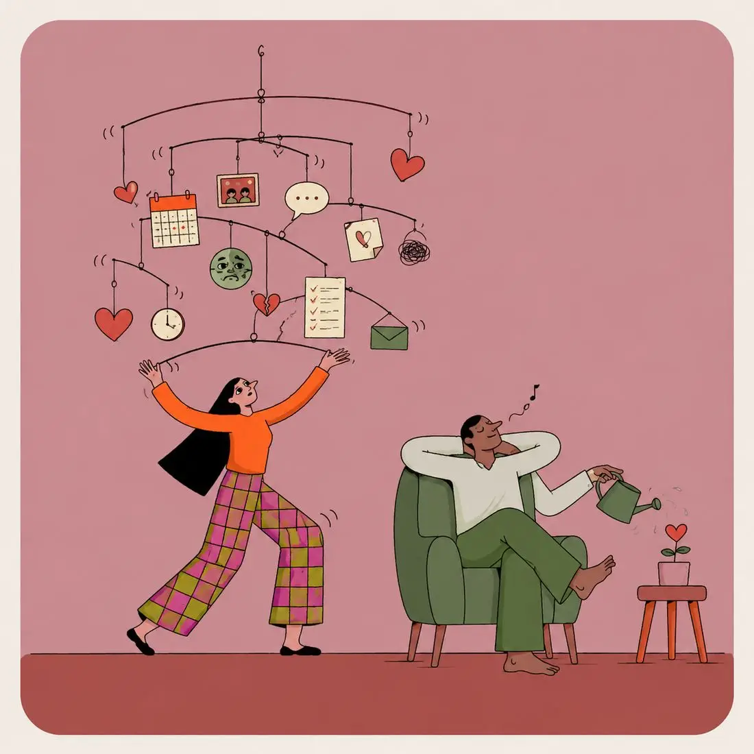 Illustration of two people at an airport reaching toward a glowing heart, a globe and a departing plane above them