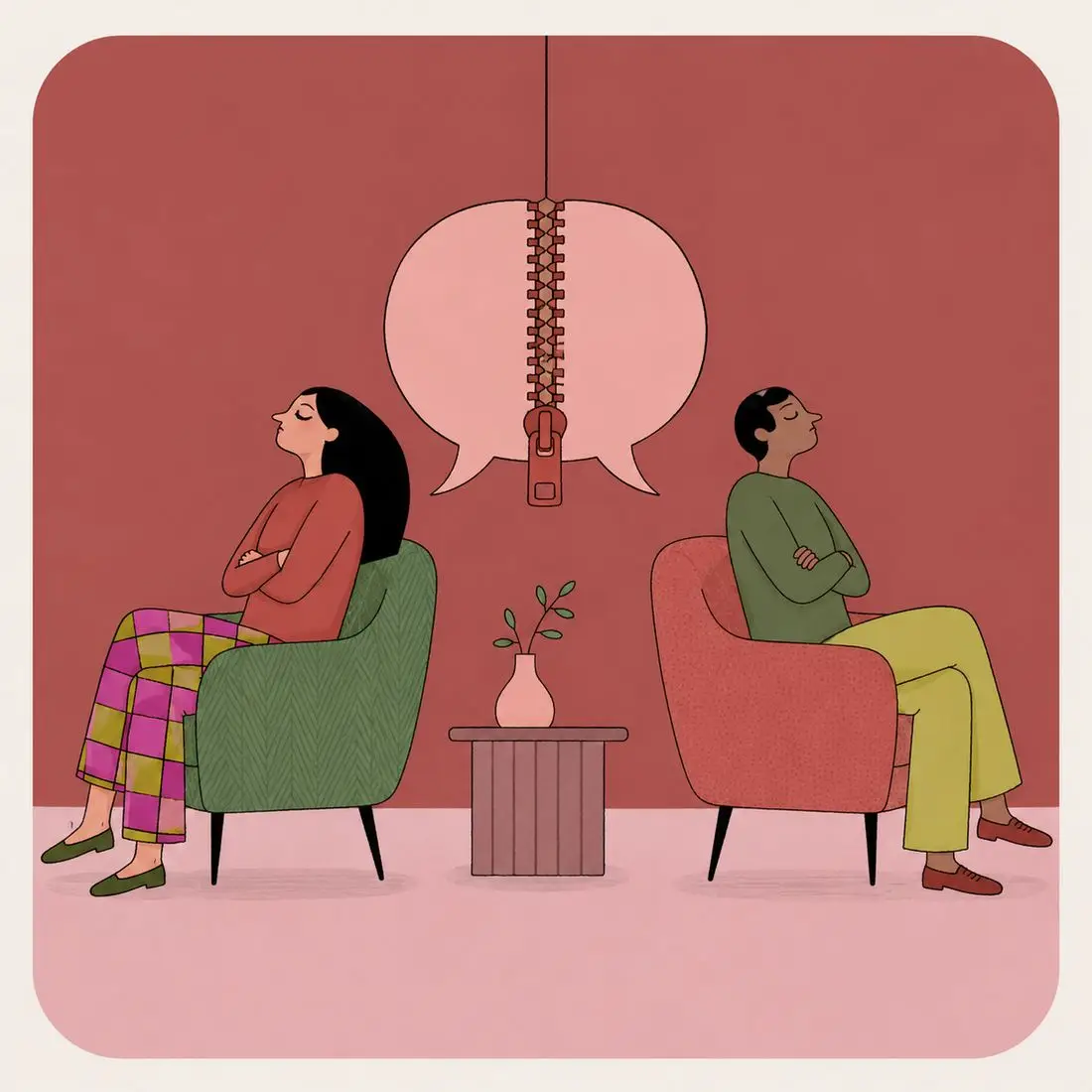 Illustration of a couple sitting back to back with a shared speech bubble zipped shut above them