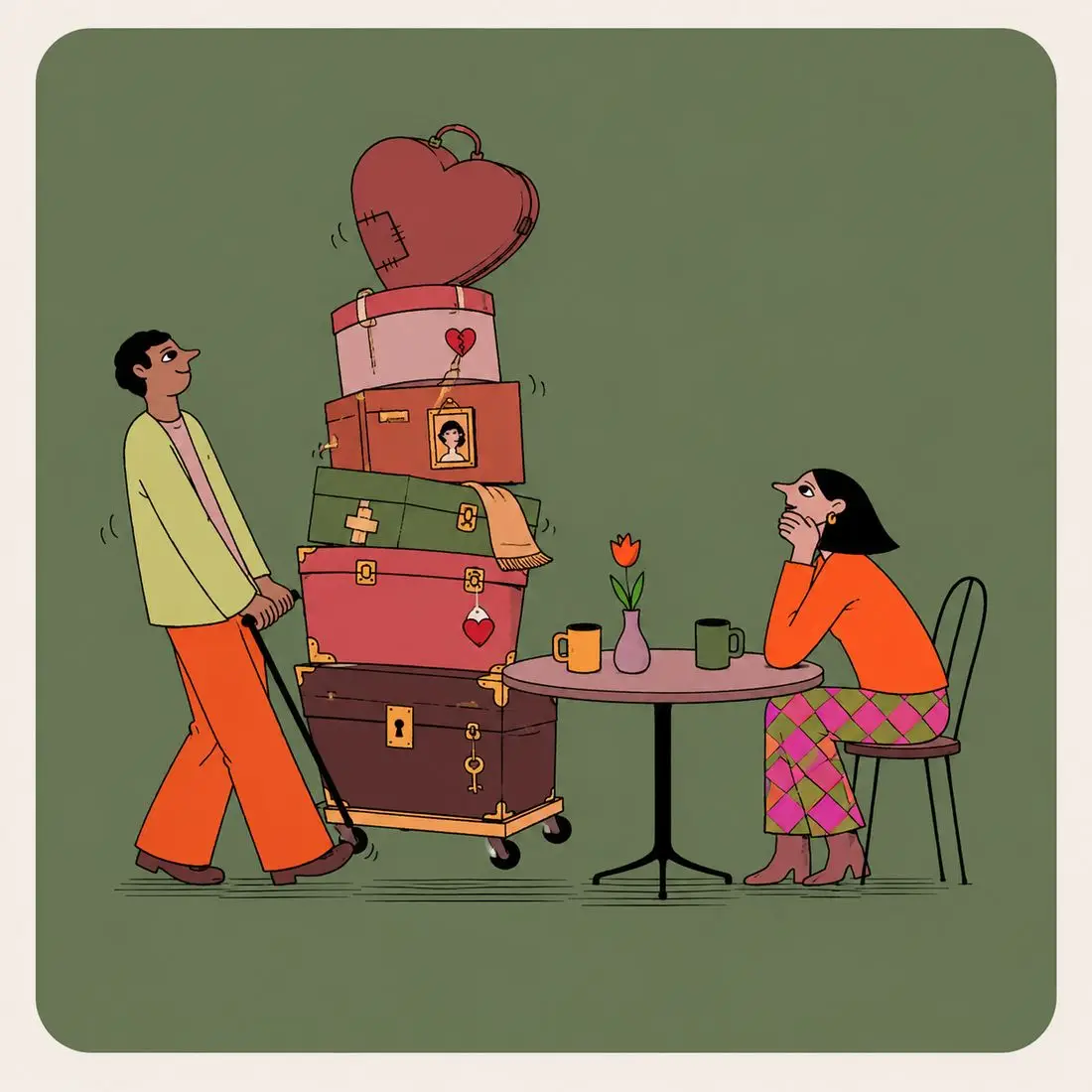 Illustration of a person arriving at a table dragging a trolley stacked with heavy old suitcases