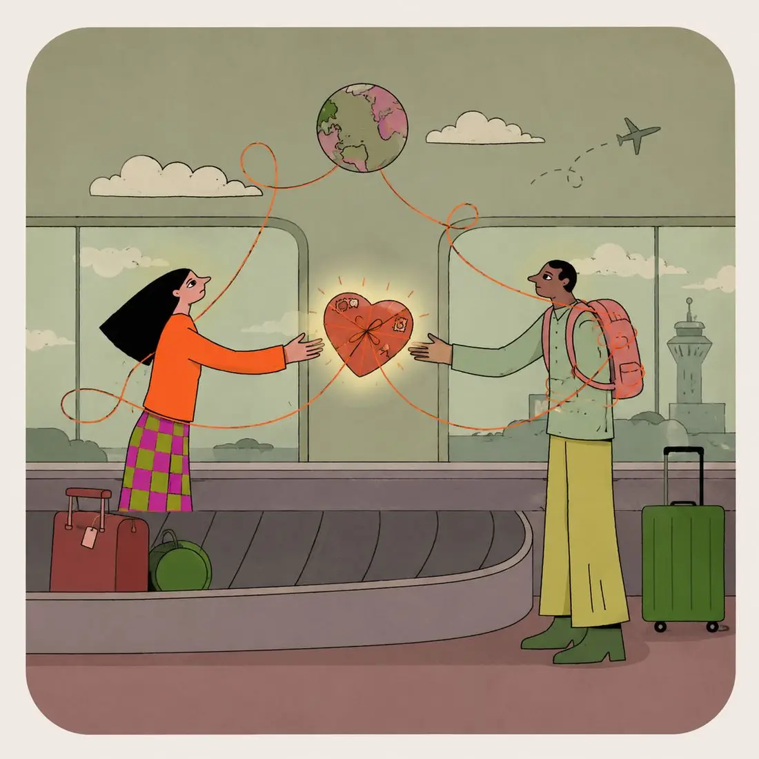 Illustration of a woman juggling a hanging mobile of relationship worries while her partner relaxes nearby