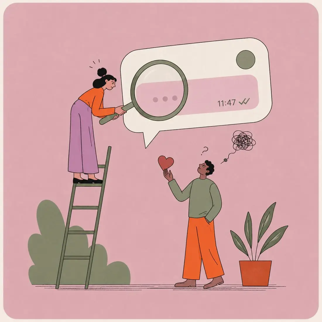 Illustration of a woman on a ladder examining a delayed text message through a magnifying glass while a man holds out his heart