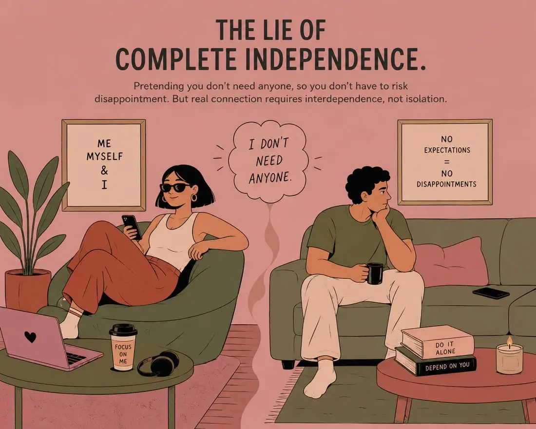 Illustration titled the lie of complete independence, two people sitting apart insisting they need no one