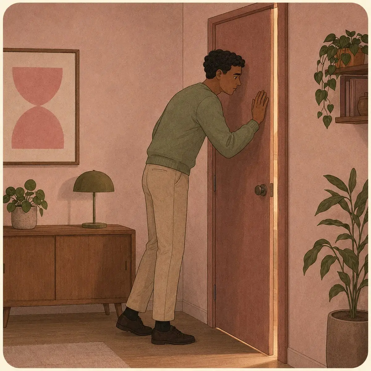 Illustration of a person standing at an almost-closed door, hand and forehead pressed to it, a thin line of warm light at the gap