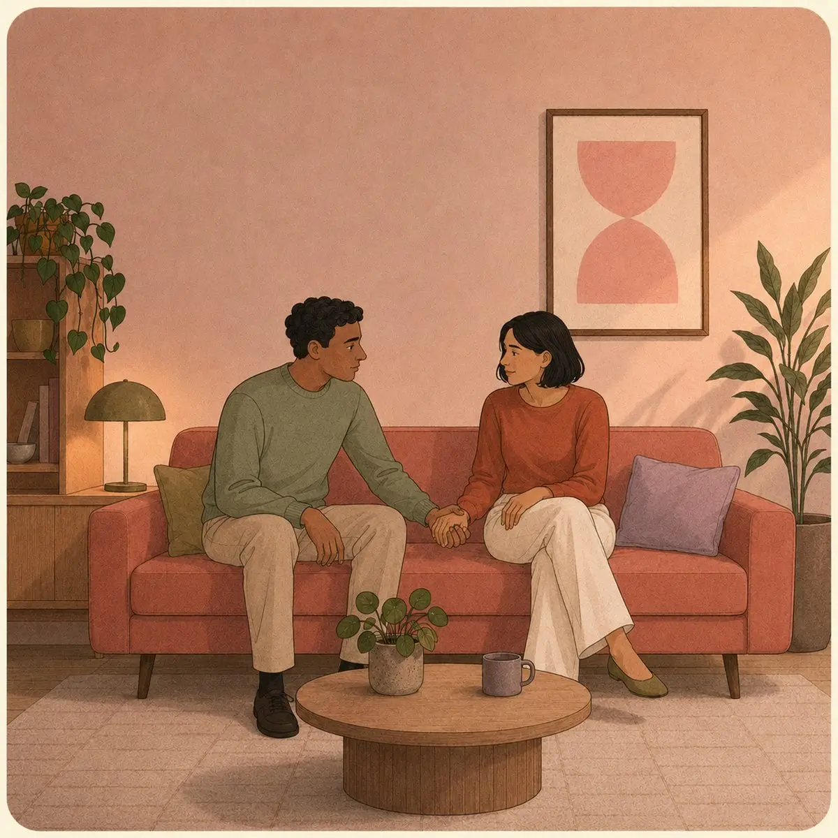 Illustration of the couple back on the sofa, the earlier gap now closed, hands joined in the small space between them, warm evening light