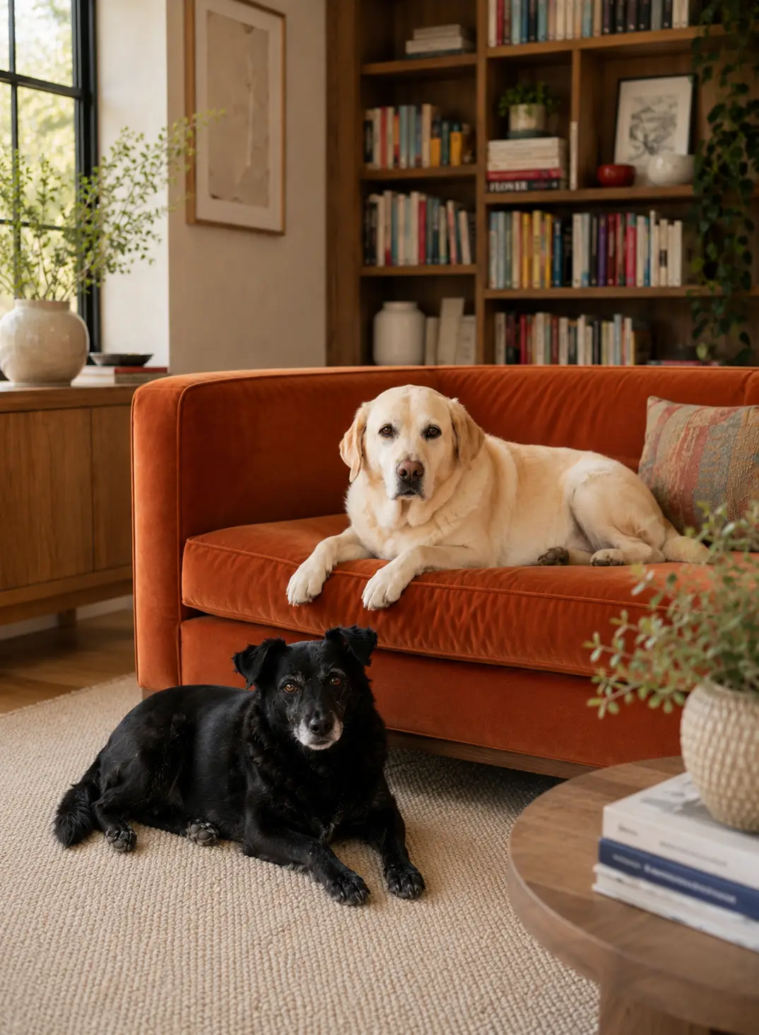 Zara the cream Labrador and Linda the black rescue dog resting together.
