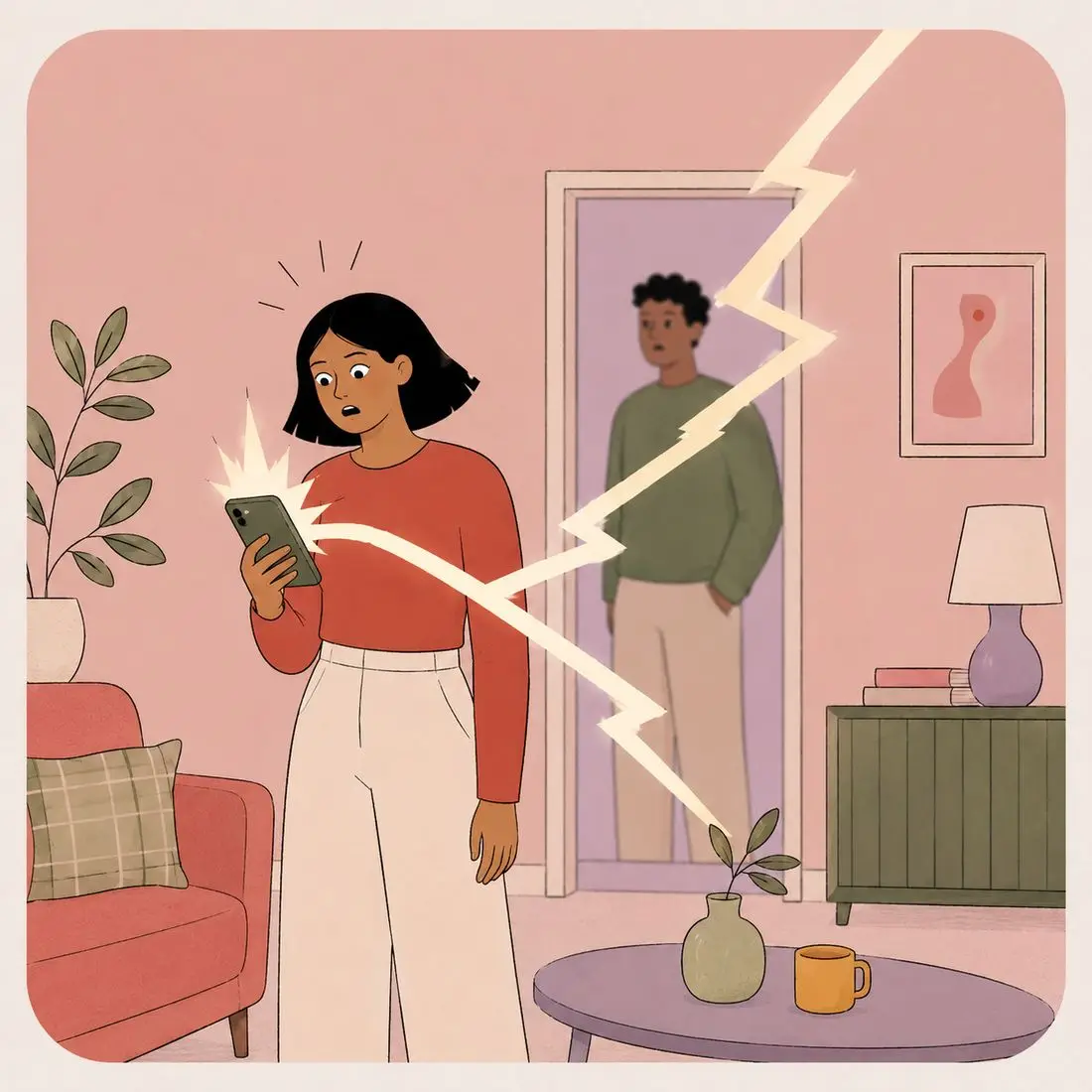 Illustration of a woman staring at her phone as a jagged crack of light splits the room, her partner standing in a doorway behind her