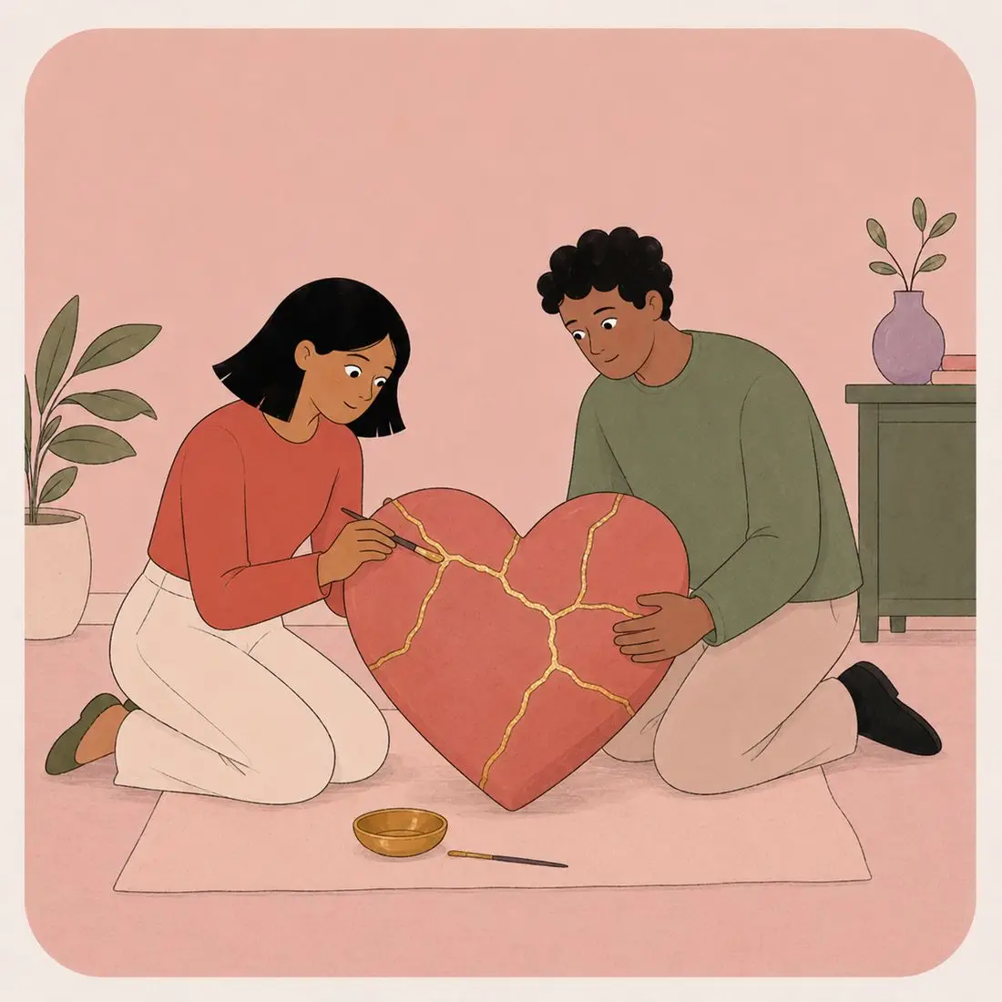 Illustration of a couple kneeling together to mend a large cracked ceramic heart, the seams filled with gold