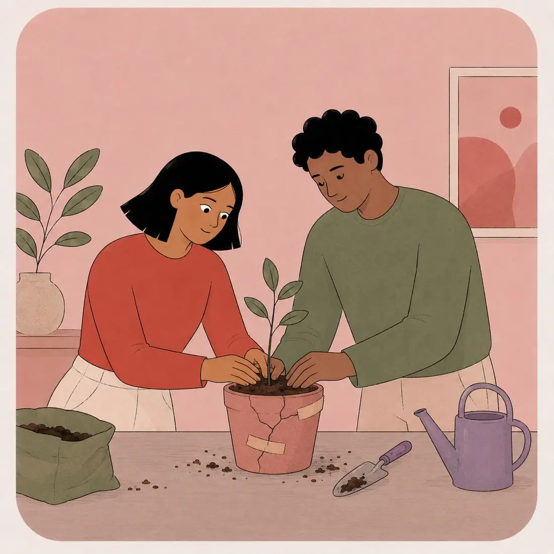 Illustration of a couple planting a small seedling together in a cracked terracotta pot that has been taped back together