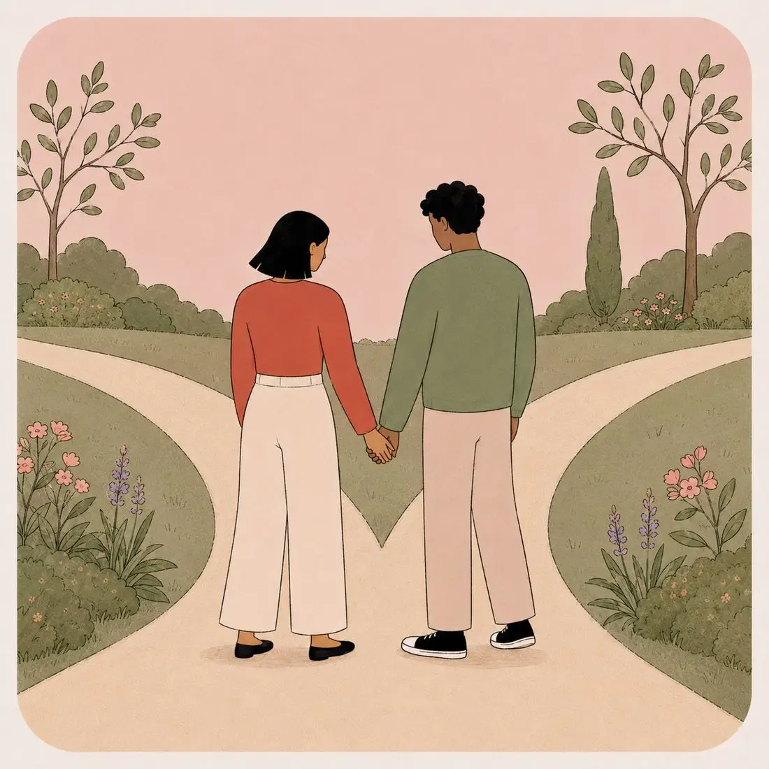 Illustration of a couple seen from behind standing at a fork in a garden path, hands loosely linked, looking down the two diverging routes