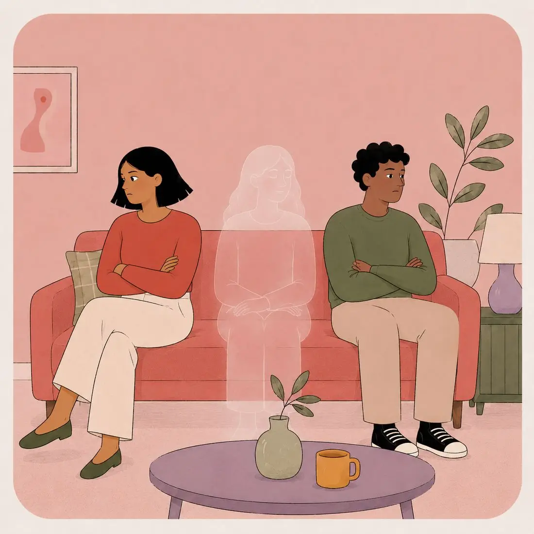 Illustration of a couple sitting apart on a sofa with a faint translucent third figure sitting in the space between them