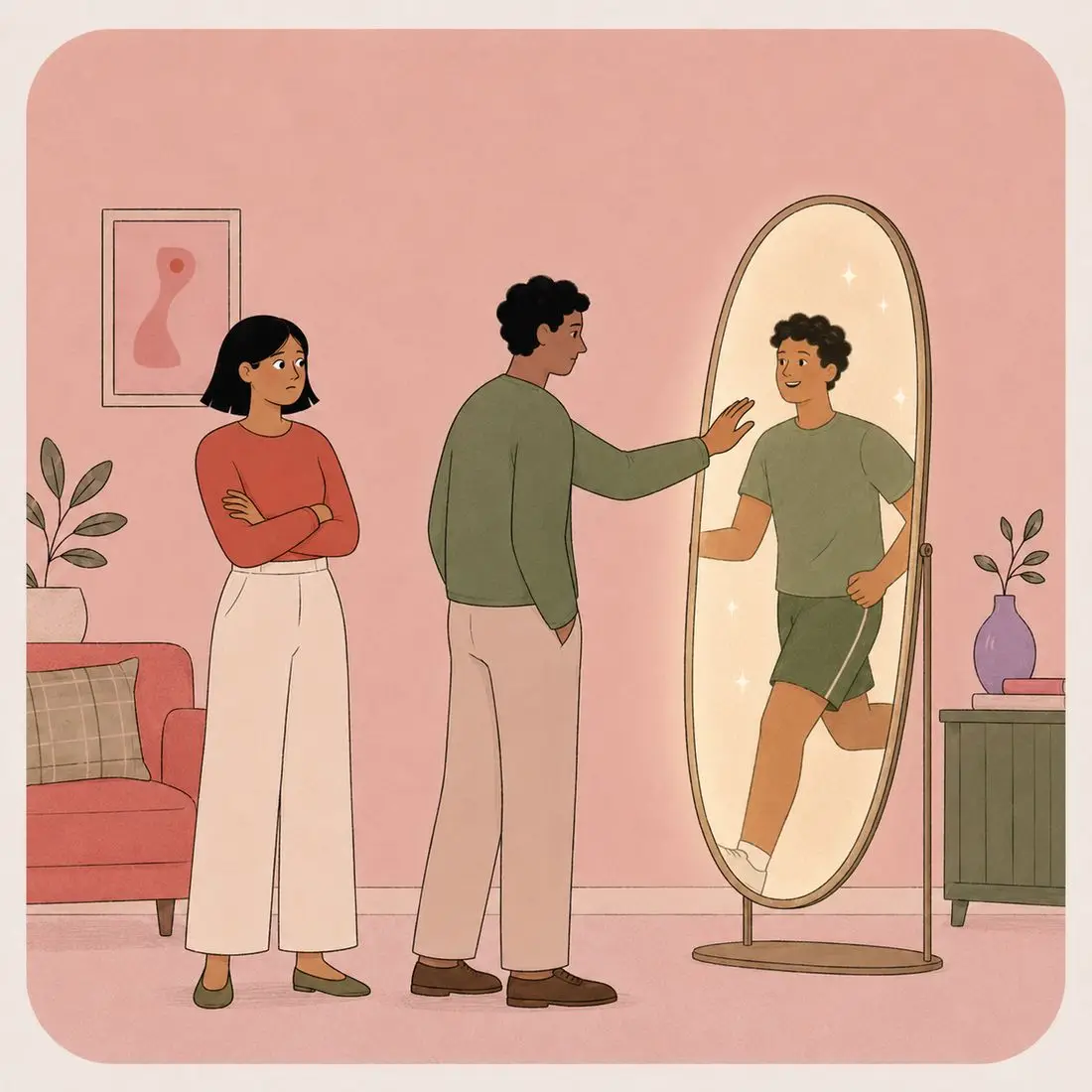 Illustration of a man reaching toward a glowing mirror in which he sees a younger, more alive version of himself, his partner watching from behind