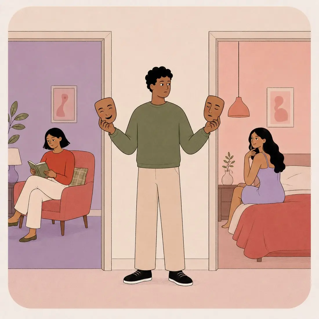 Illustration of a man standing between two doorways holding a smiling mask in one hand and a calm mask in the other, a different partner in each room