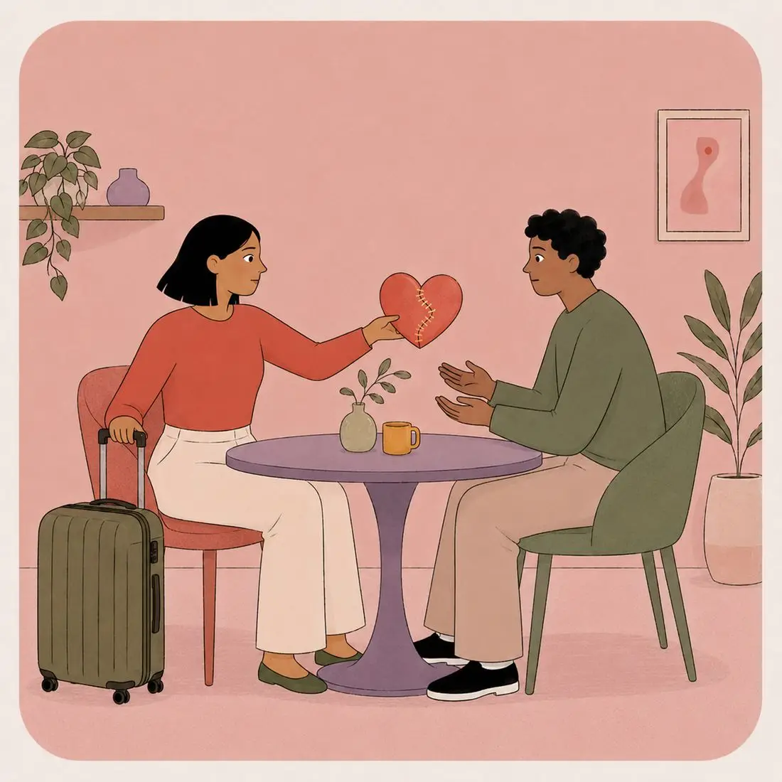 Illustration of a woman offering a stitched-together heart across a table while a packed suitcase sits beside her chair