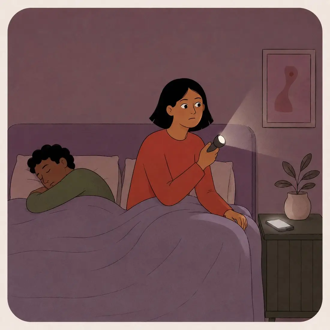 Illustration of a woman sitting upright in bed at night holding a torch and scanning the dark while her partner sleeps beside her