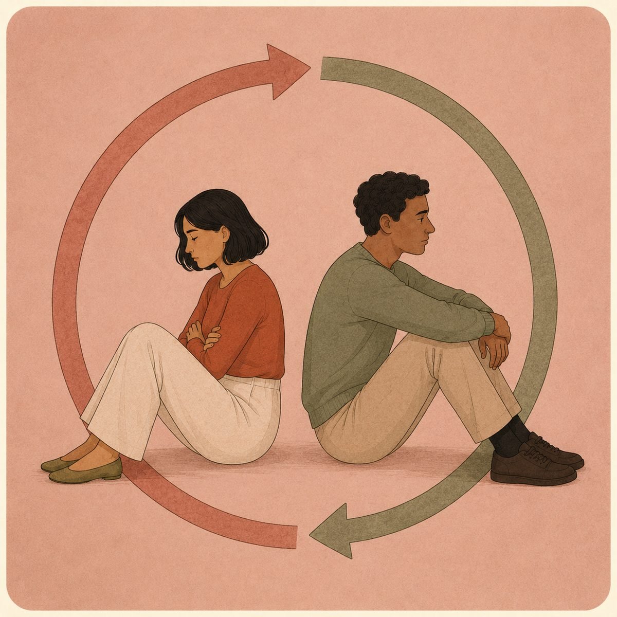 Illustration of the couple sitting back to back, with a continuous loop of two arrows, one rust and one green, circling around them both