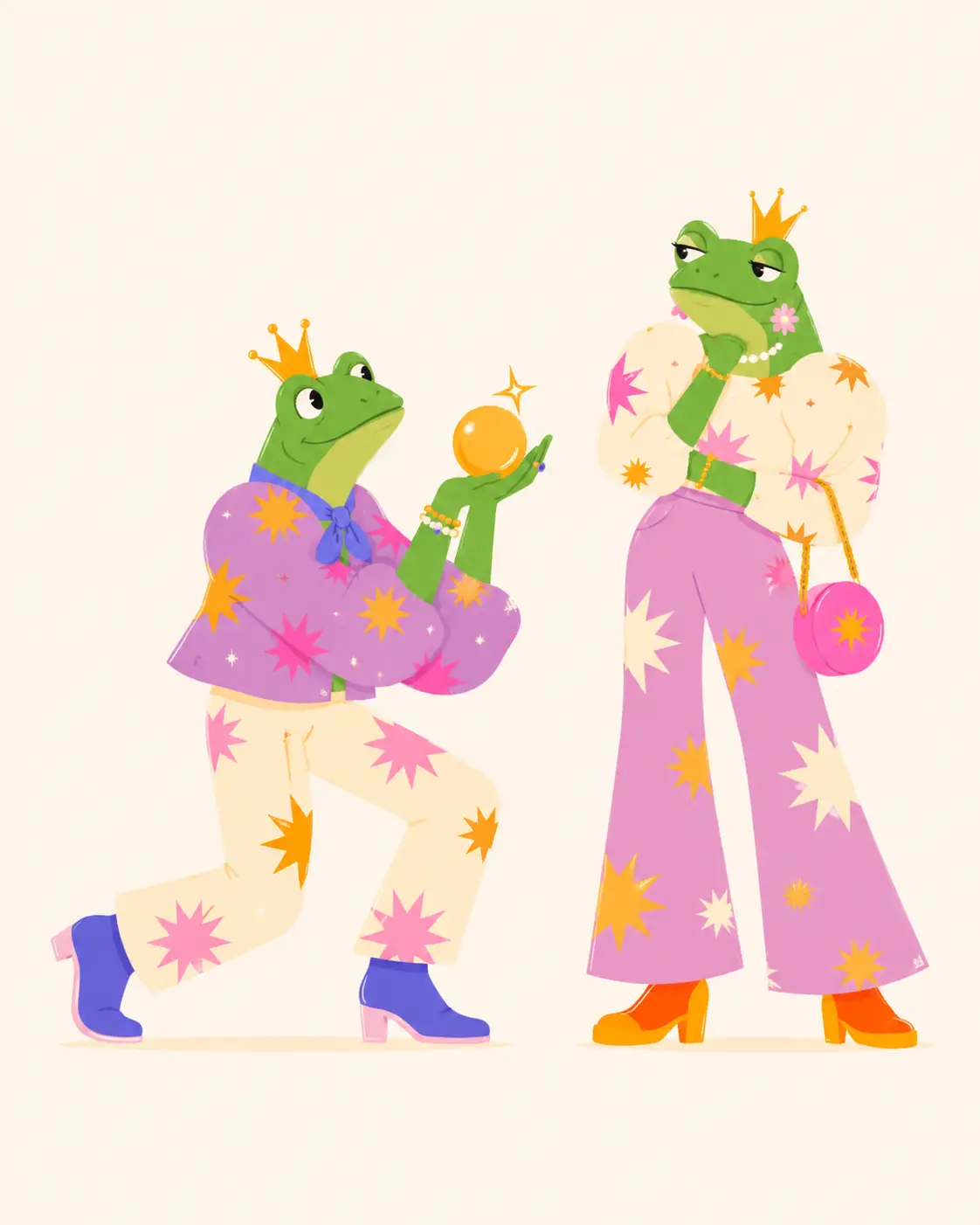 A crowned frog beside a golden ball and a frog Princess, the fairy tale moment the frog enters the room