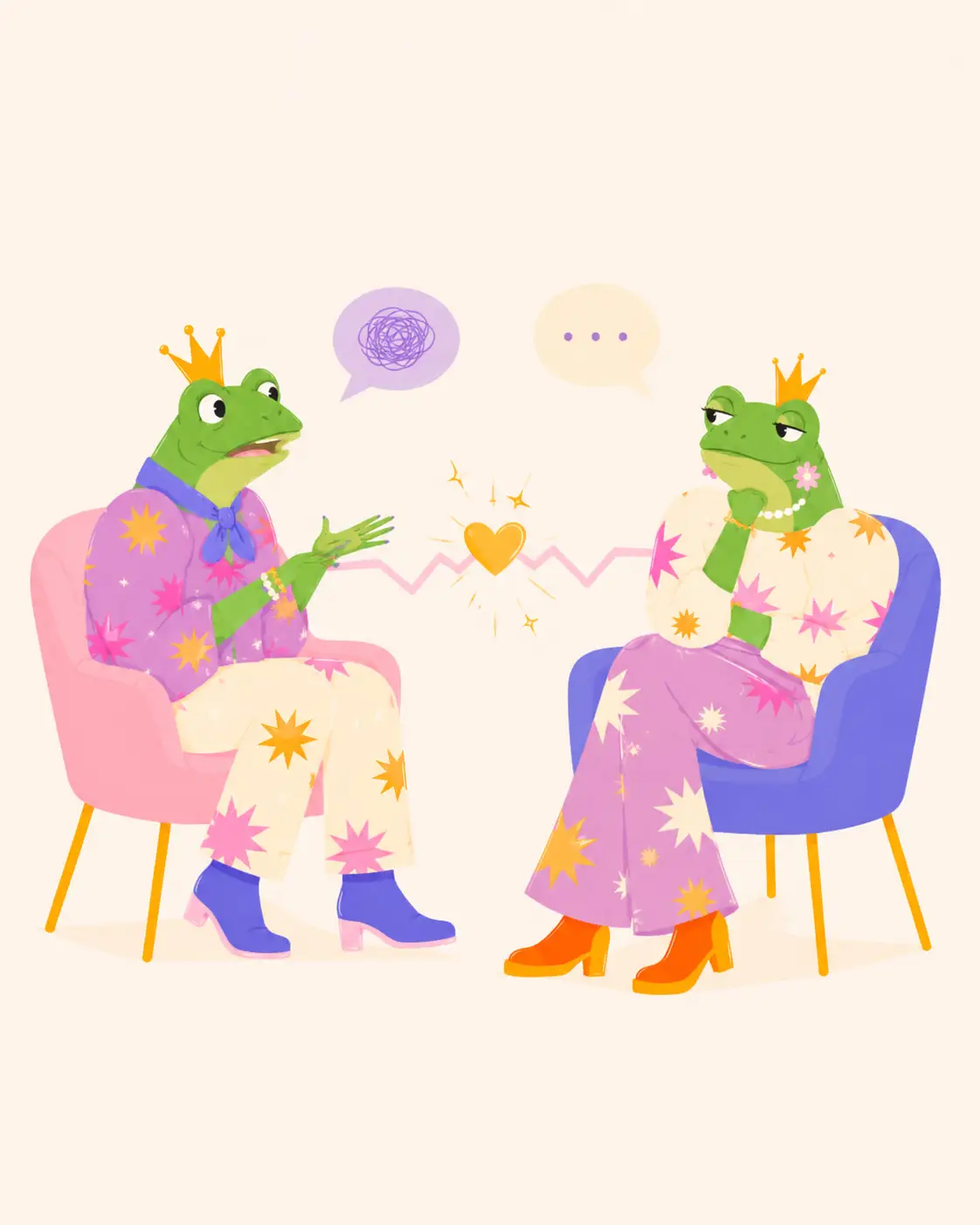 Crowned frog Prince and Princess sitting apart in couples therapy, a golden ball between them, illustrating relationship anxiety and emotional distance