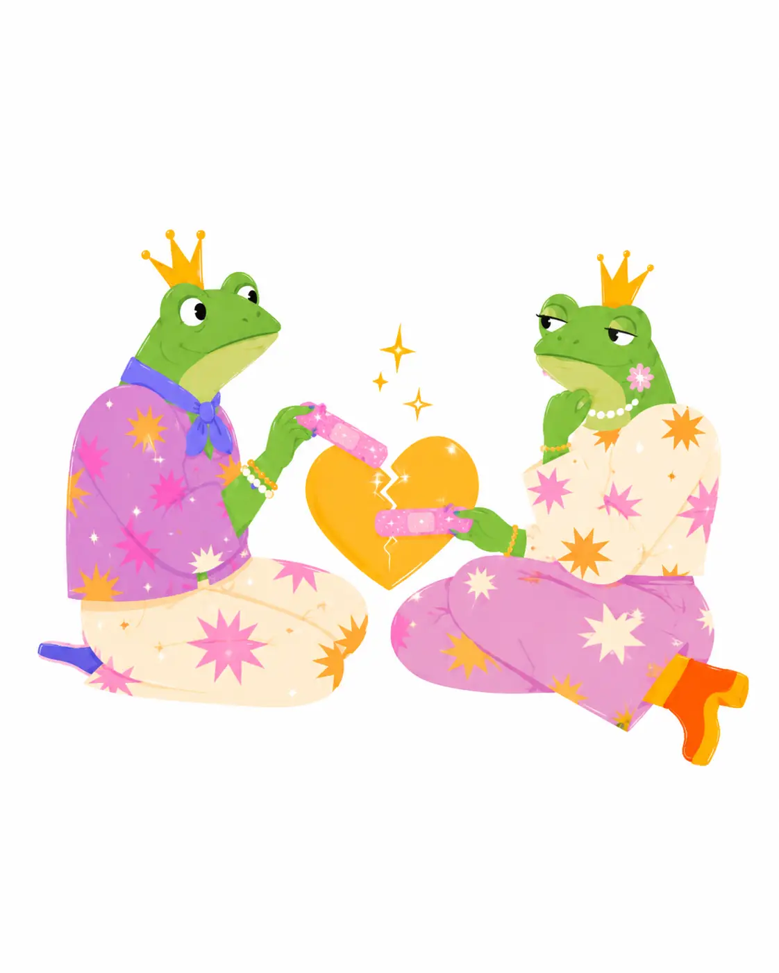A frog Prince and Princess holding a mended heart together, illustrating repair and real intimacy in couples counselling