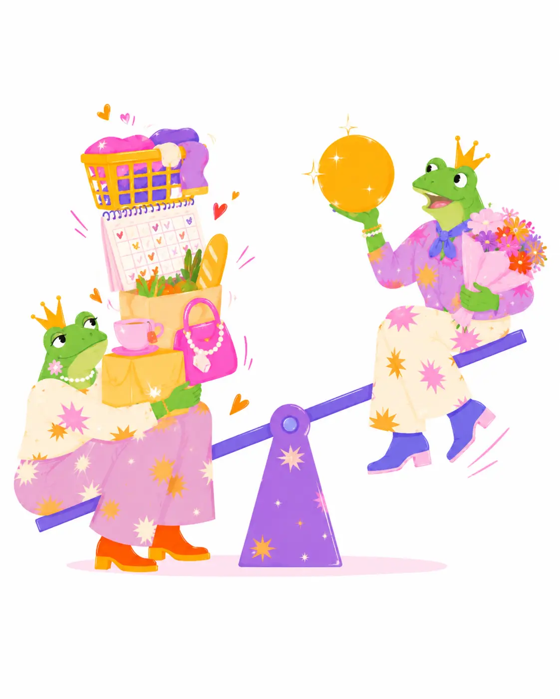 A frog Prince and Princess opening a shared emotional toolbox, illustrating the skills couples build when therapy works