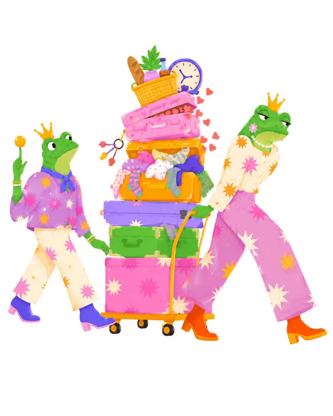 A crowned frog couple surrounded by relationship baggage, illustrating the invisible emotional labour fairy tales leave out