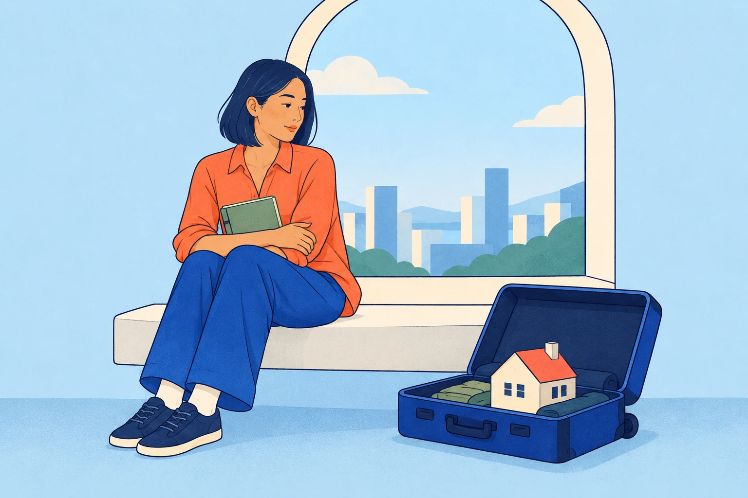 A young woman holding a notebook beside a window, with a small house inside her open suitcase.