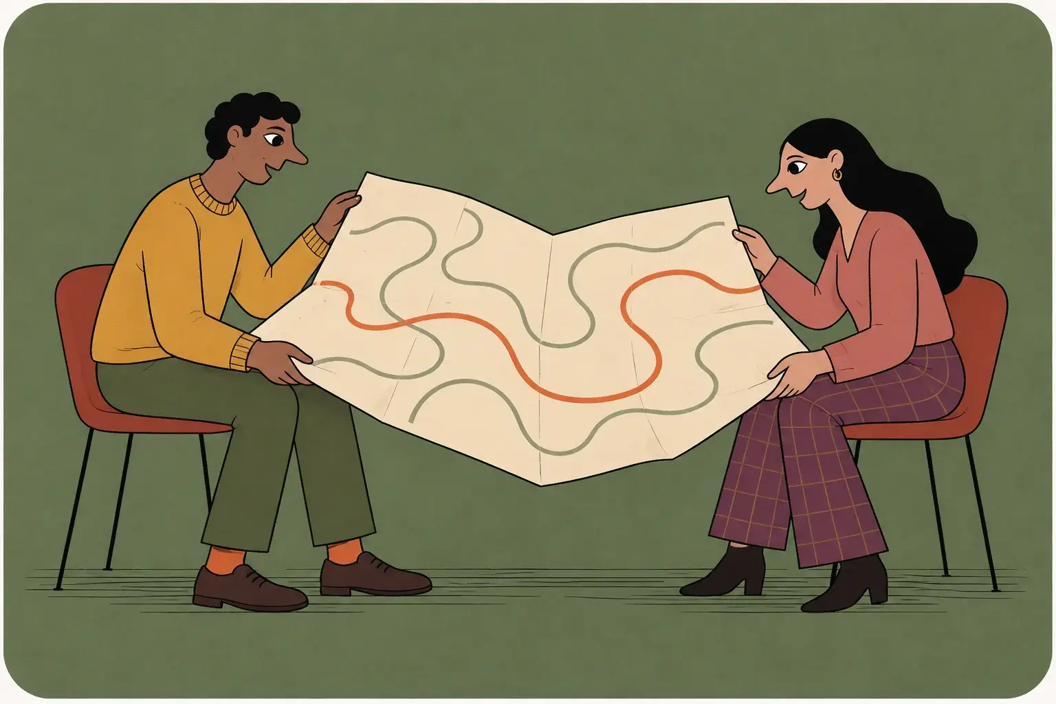Two adults unfold a large map between their chairs, looking at its winding paths together.