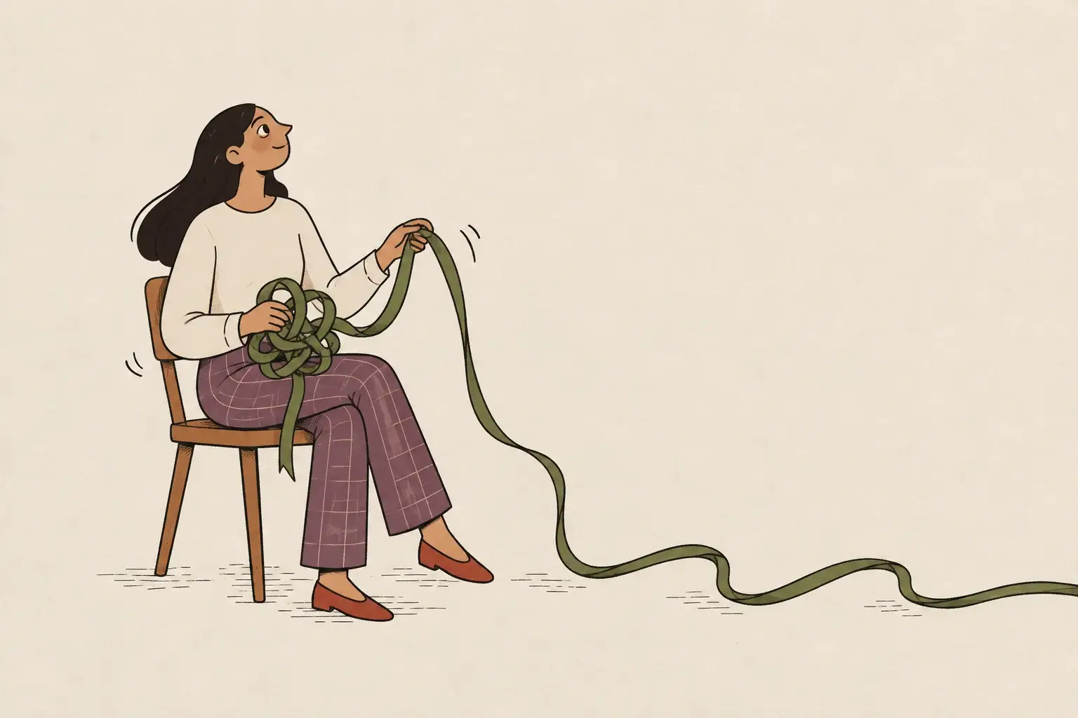 A seated woman gently untangles an olive ribbon in her lap.