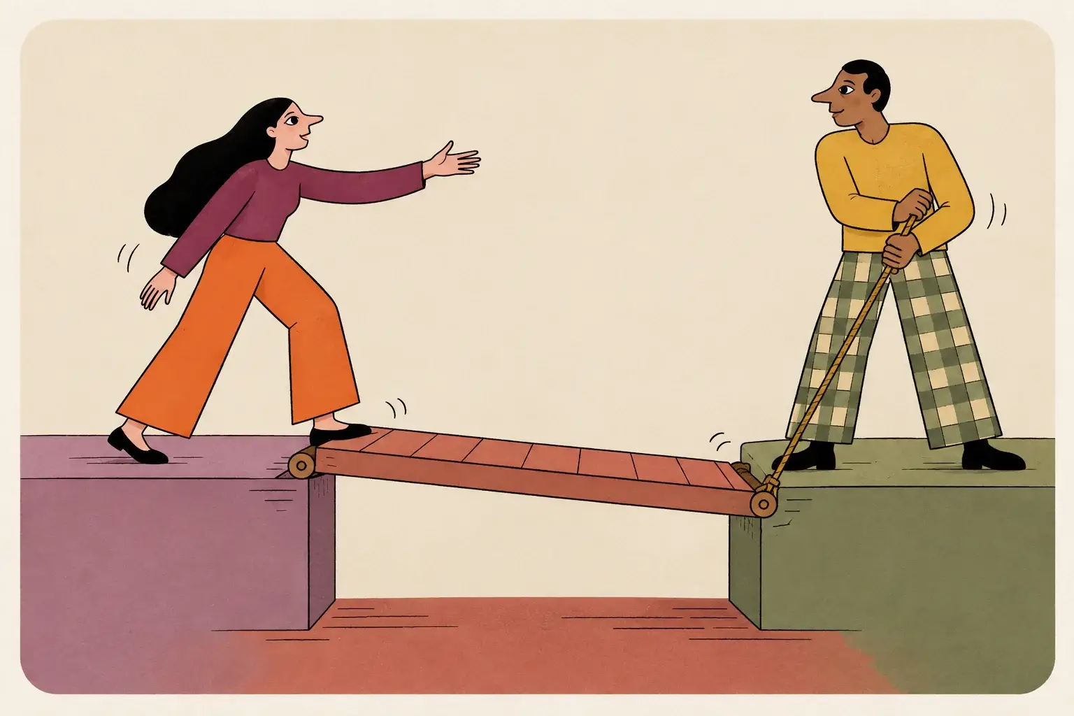 A woman reaches across a hinged bridge while her partner holds its rope.