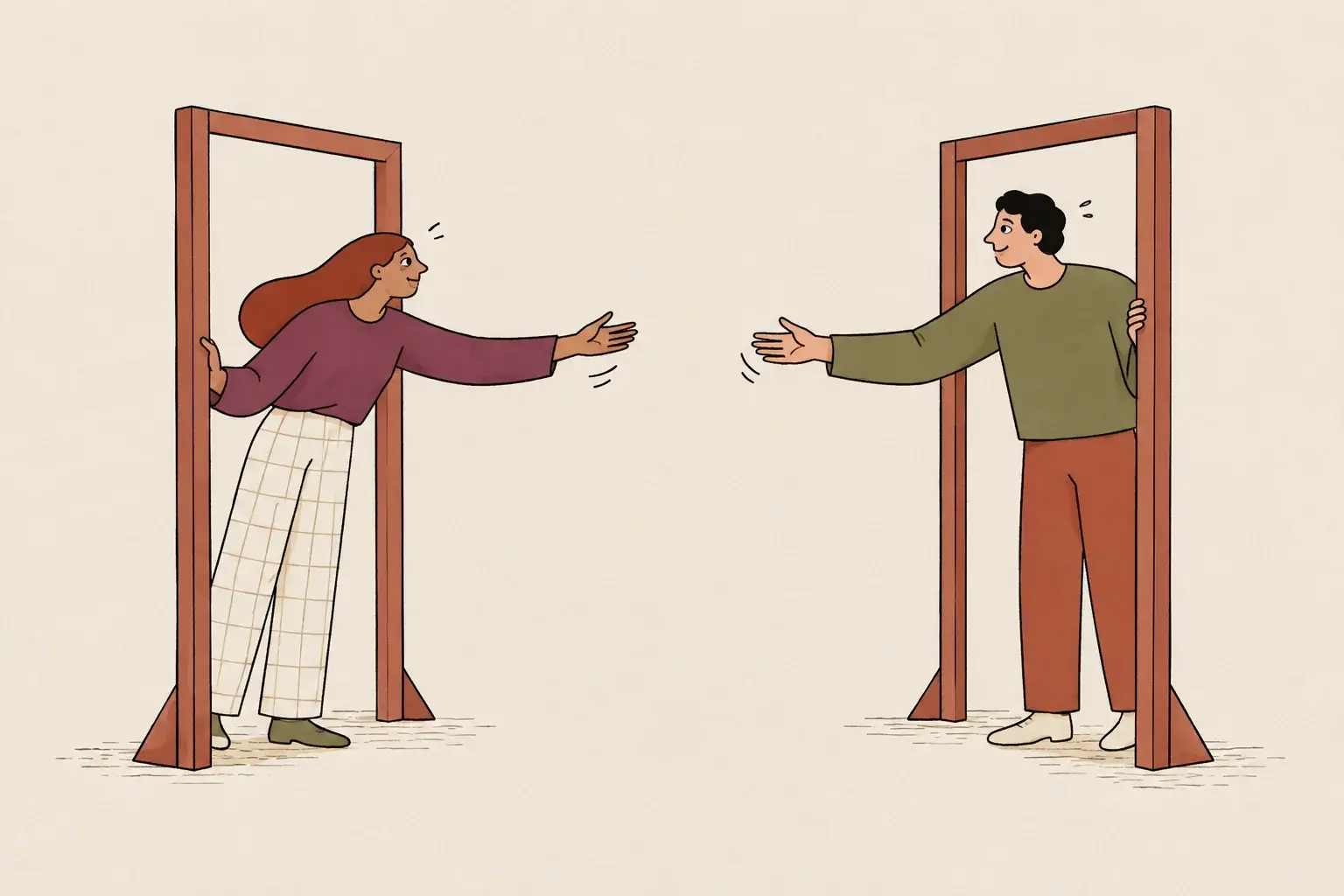 Two partners reach towards one another from separate open doorways.