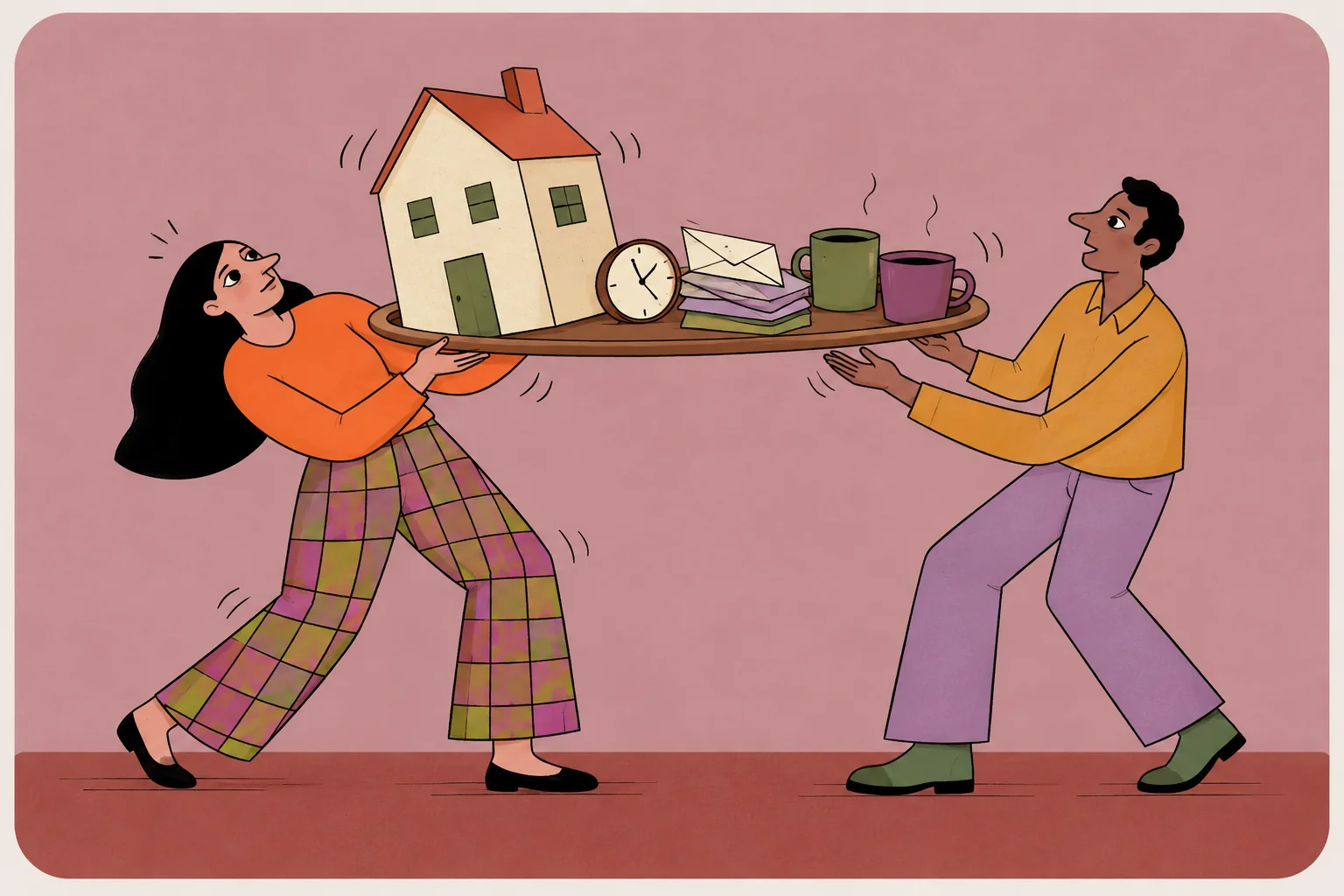 Two partners support a tray carrying a house, a clock, letters and two cups.