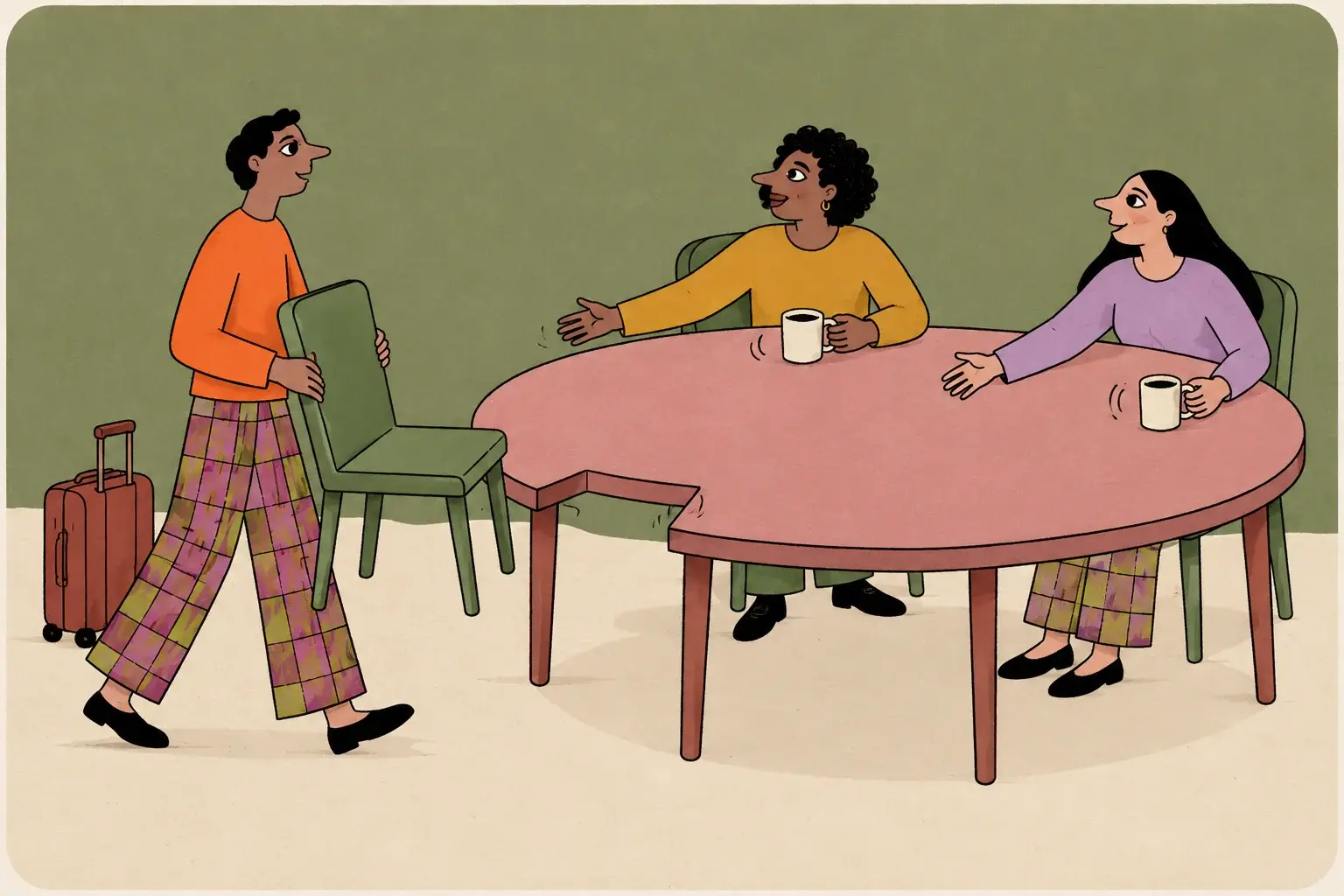 A man brings his chair to a table as two people make room for him; his suitcase stands nearby.