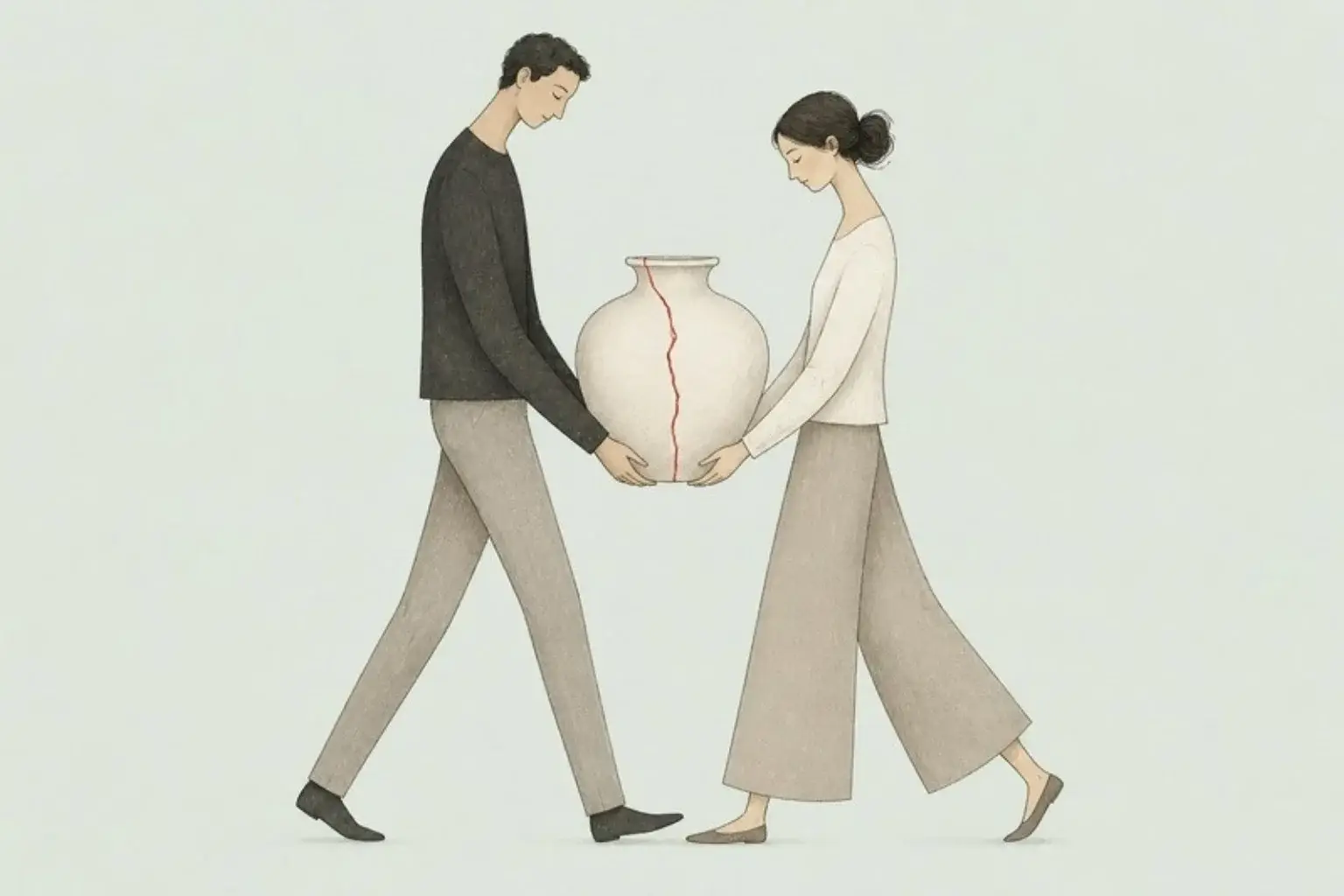Can a relationship survive infidelity: a couple carefully carry a cracked vase sealed with a red line