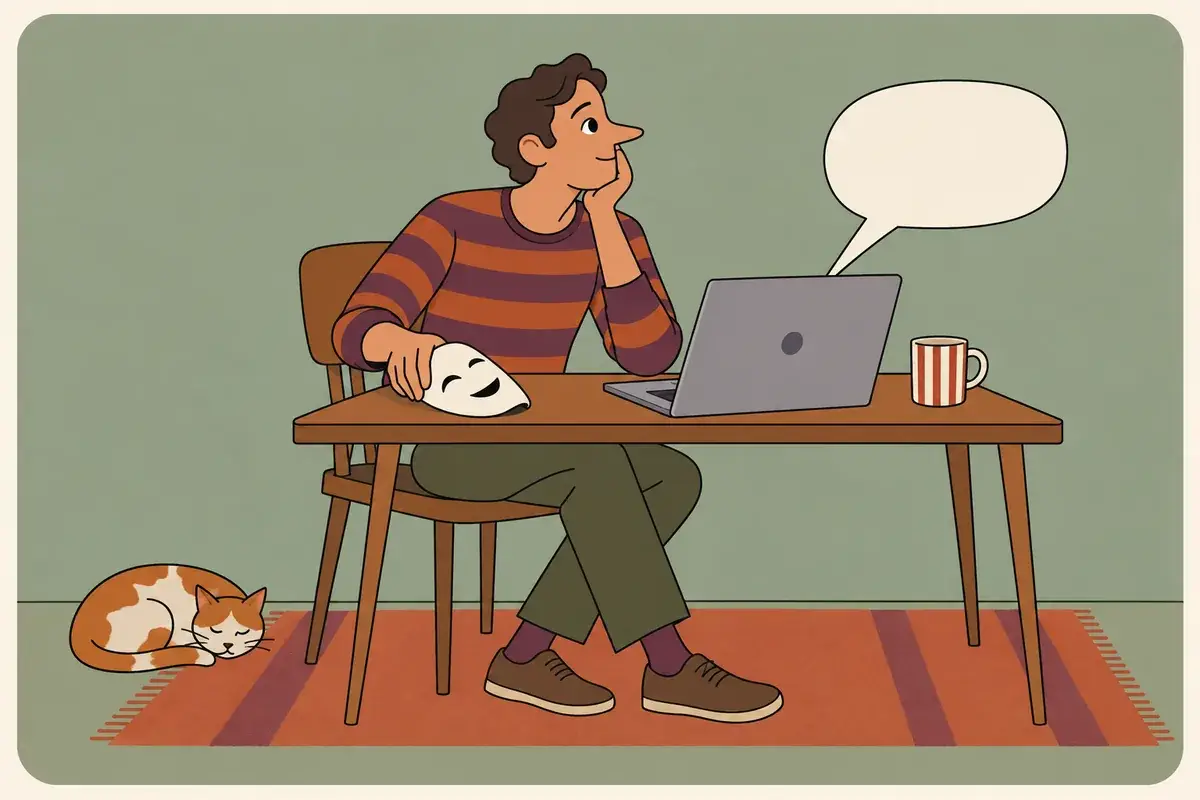 A man sets down a smiling mask beside his laptop.