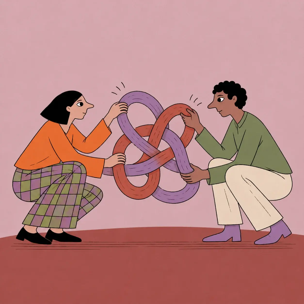 Two partners work together to loosen a large knot between them.