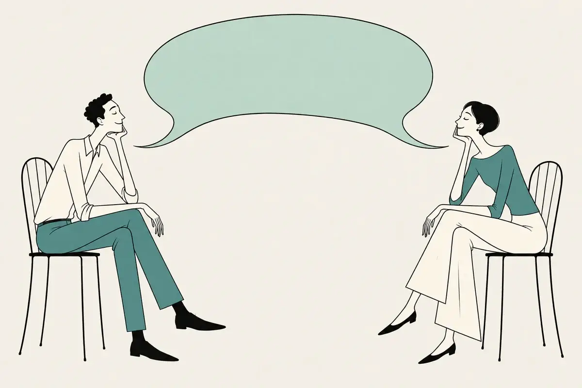 Two adults share an open sage speech bubble.