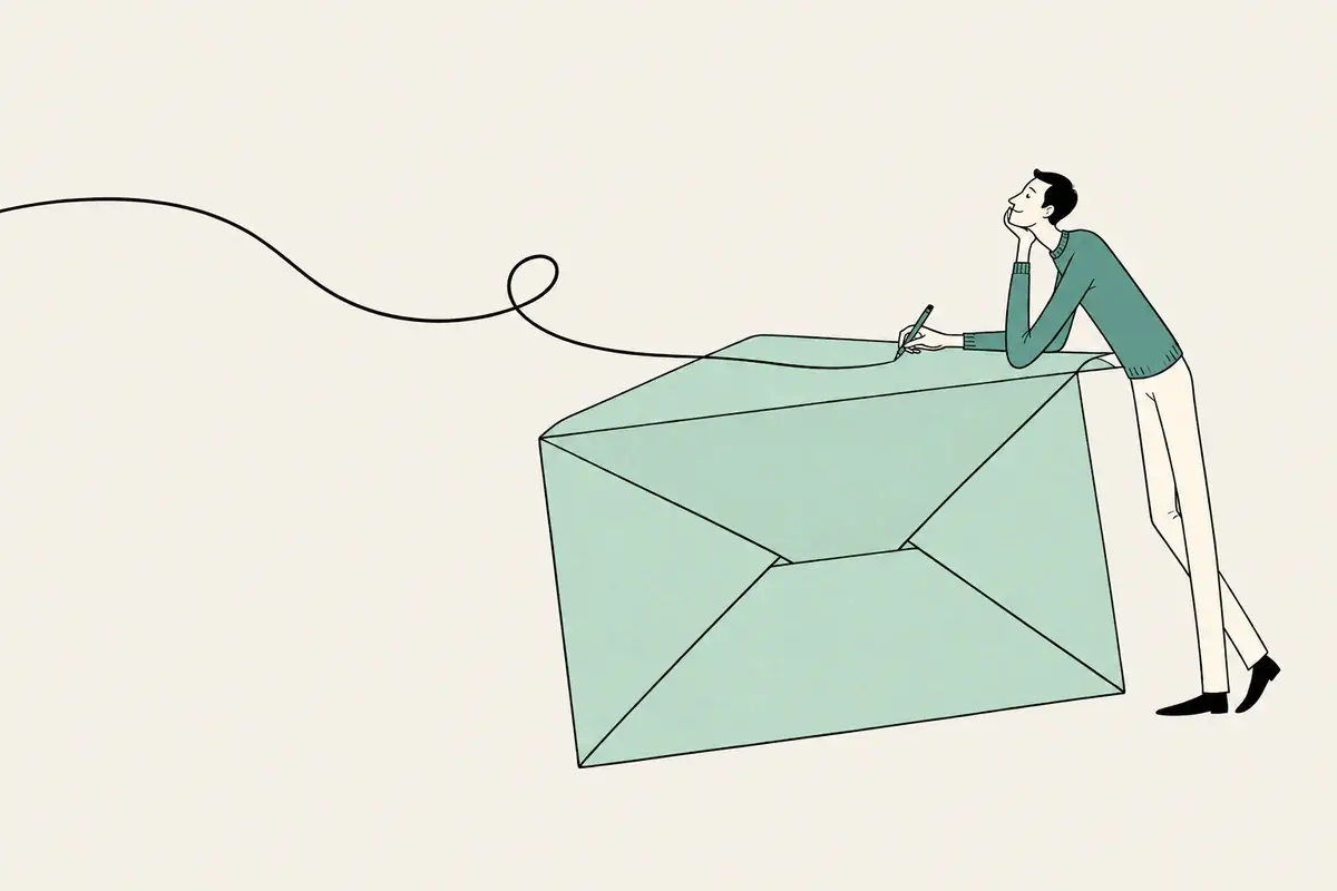 A man begins writing on an oversized sage envelope.