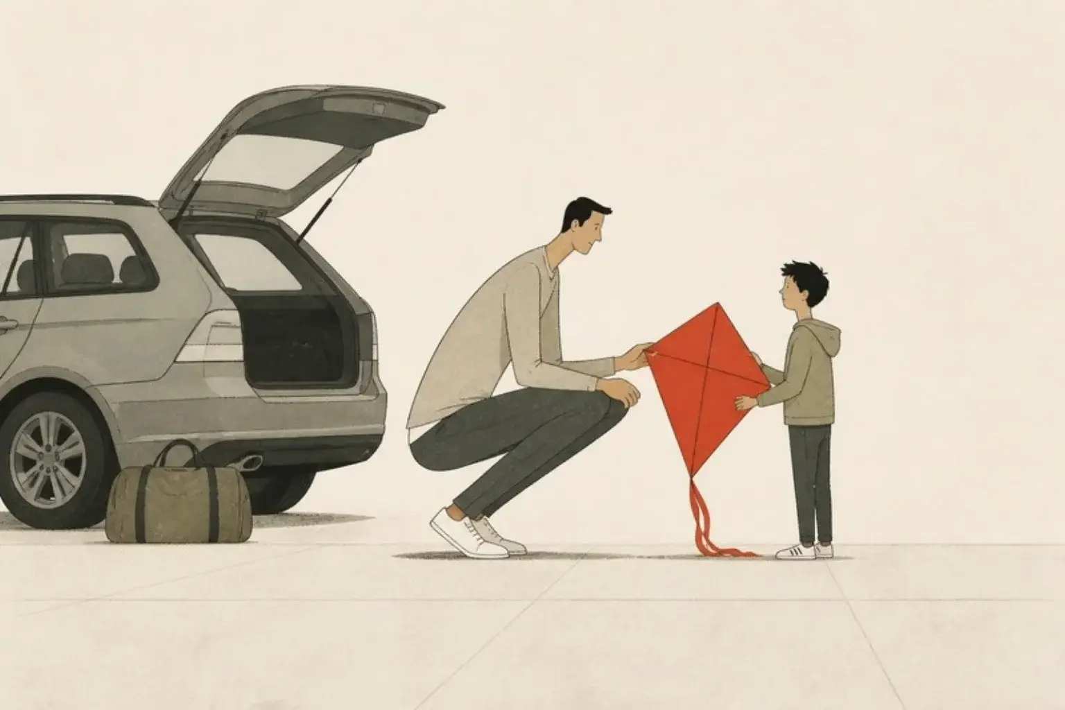 Coping with separation as a dad: a father crouches with his small child holding a red kite together by a car