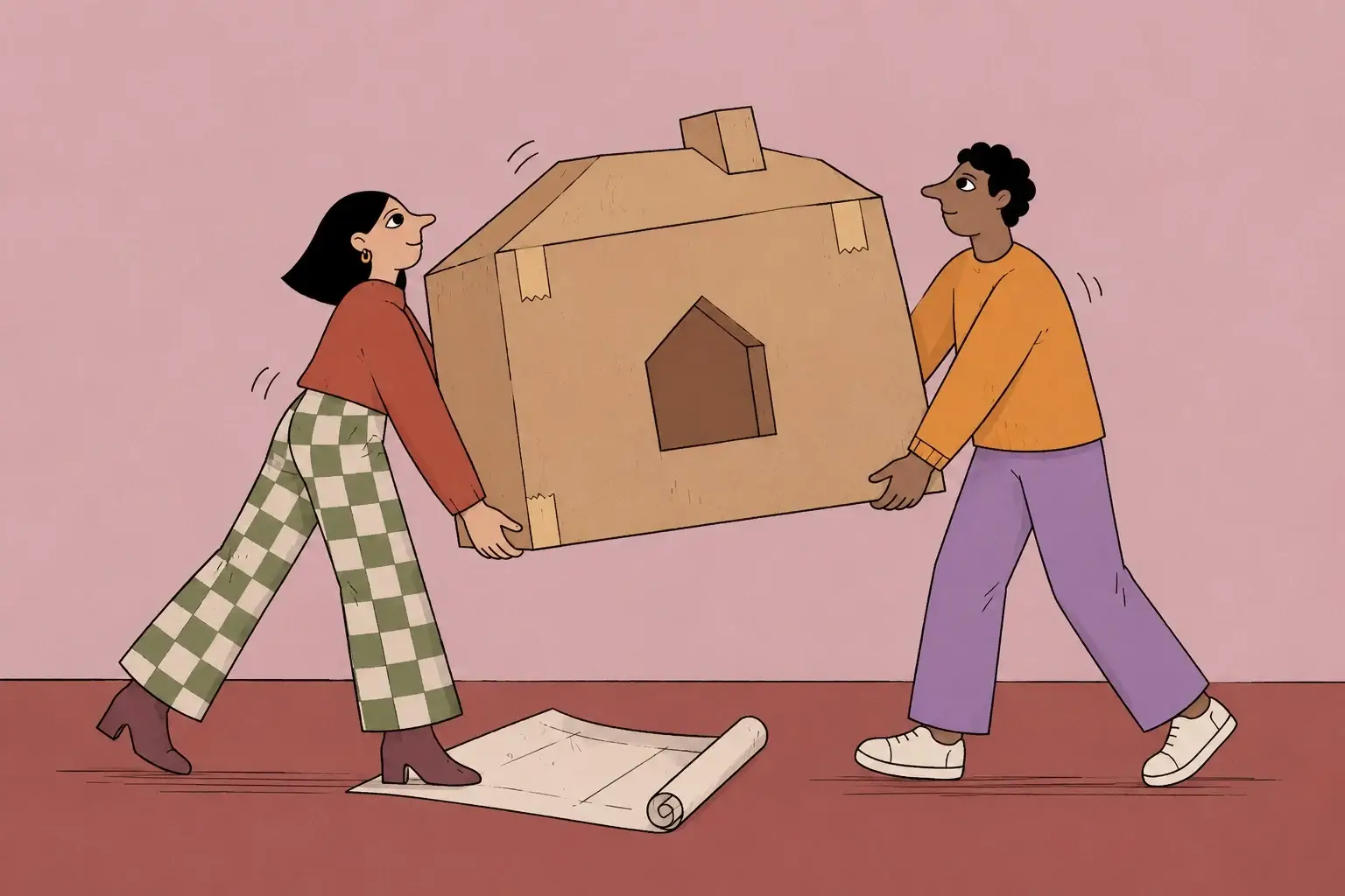 Two partners lift a cardboard house together, with a rolled plan at their feet.