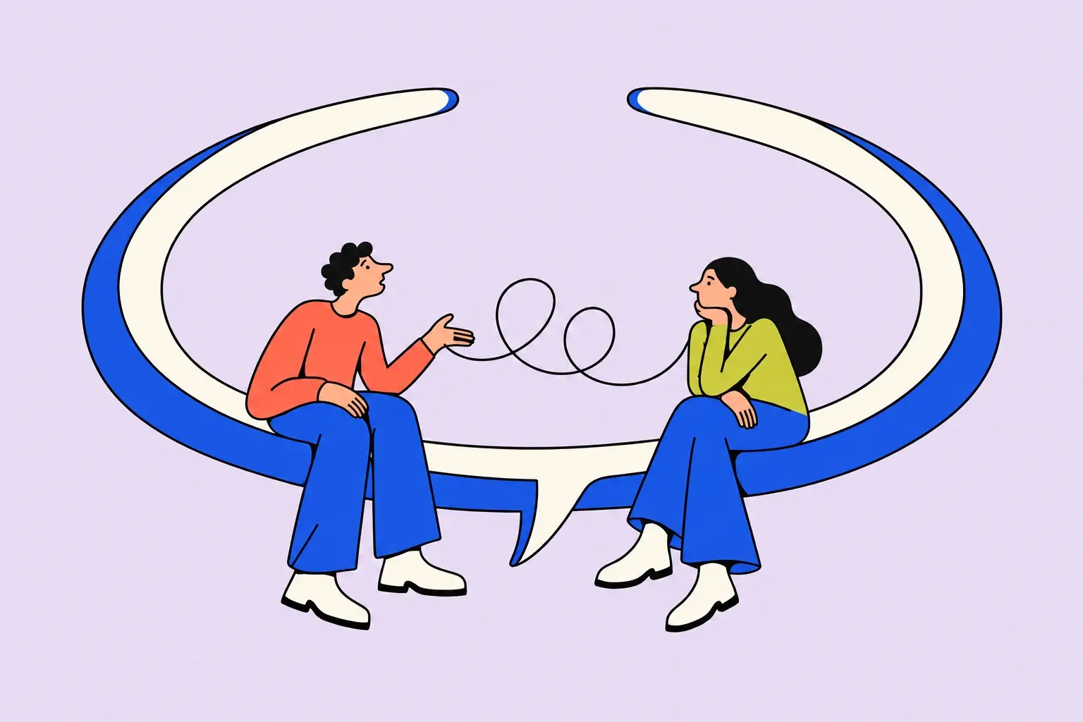 Illustration of two people talking inside a large open speech bubble.