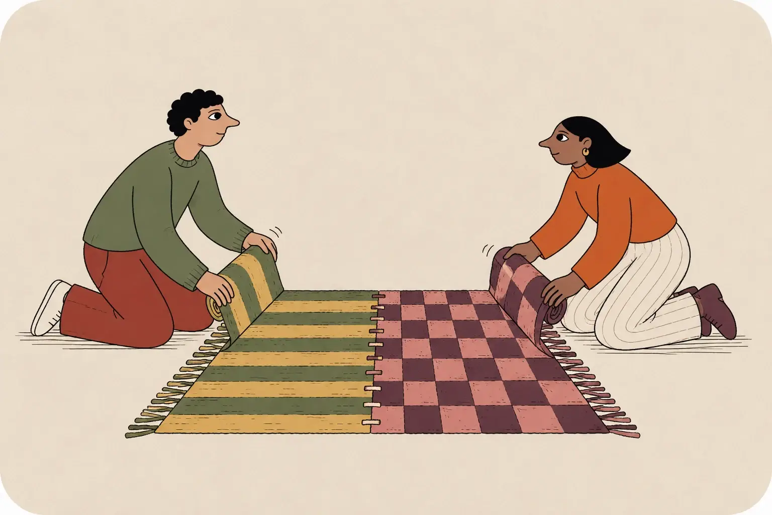 Two partners join a striped rug and a checked rug to make a shared space.