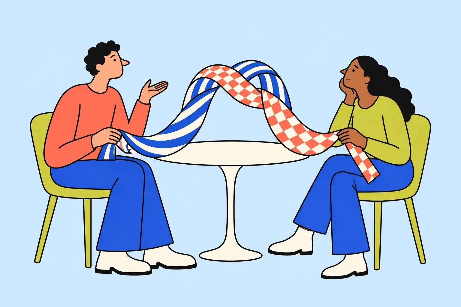 Illustration of two people talking across a table as their differently patterned ribbons intertwine.