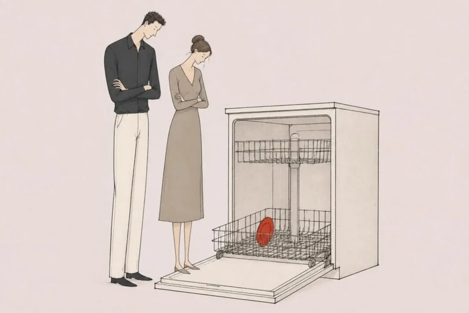 Why we argue about everything: a man and a woman stare into an enormous open dishwasher holding one red plate