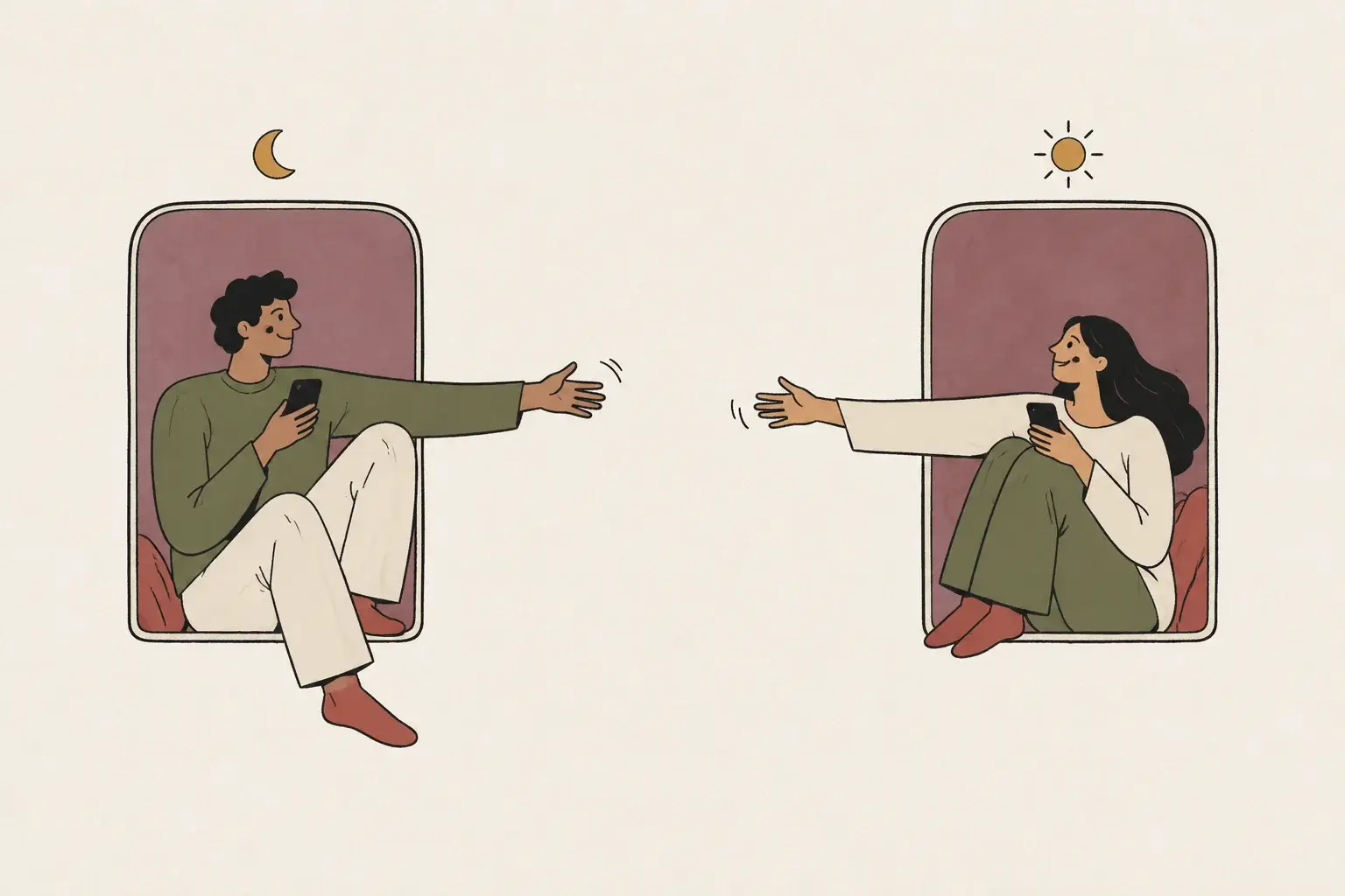 Two partners reach towards one another from separate windows, with a sun and moon above.